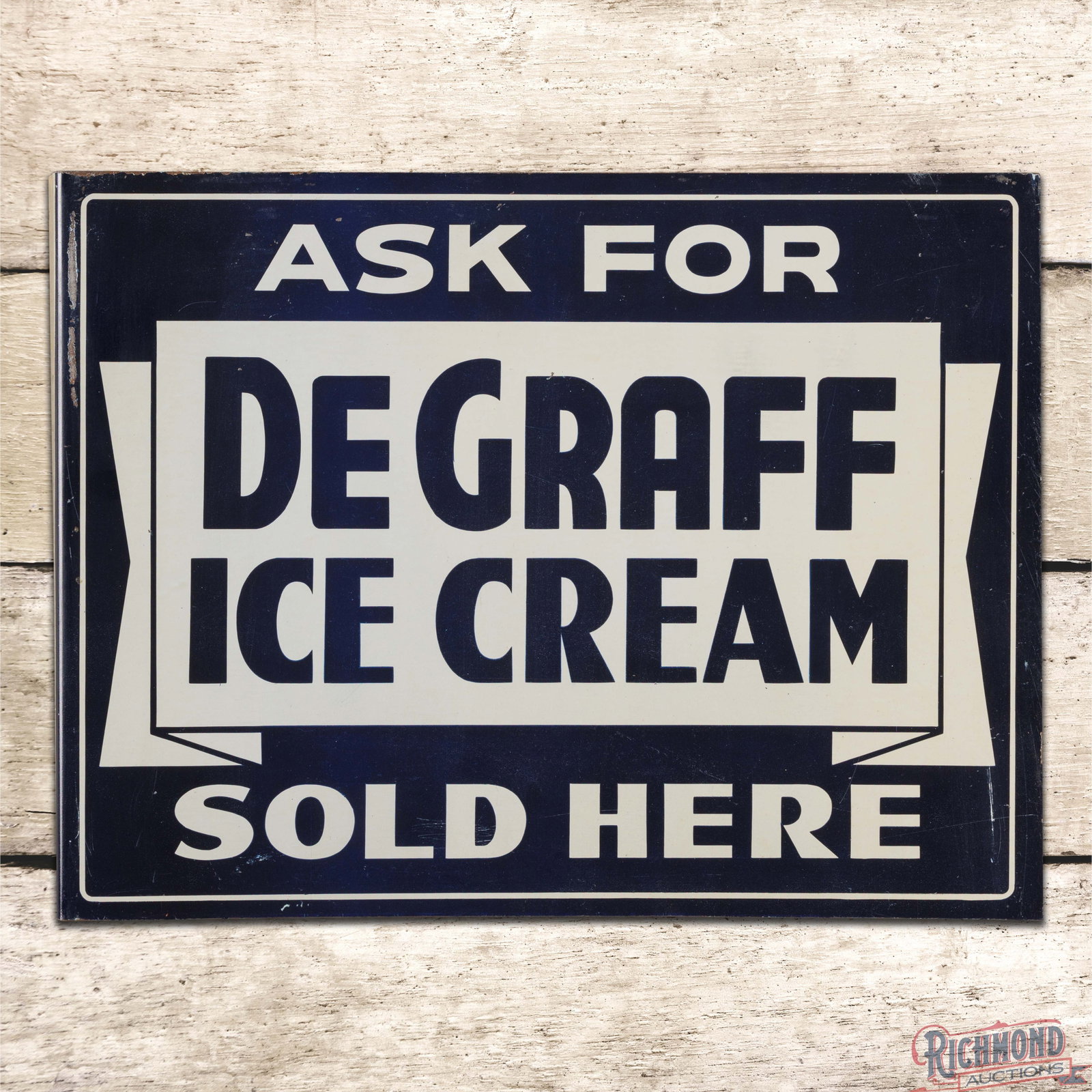 Ask for DeGraff Ice Cream "Sold Here" Double Sided Tin Flange Sign: DST (double sided tin) flange has very good color and shine. Side #1 has light wear in the fields with fine scratches and paint chips along the edges. The reverse has additional paint loss beside the 