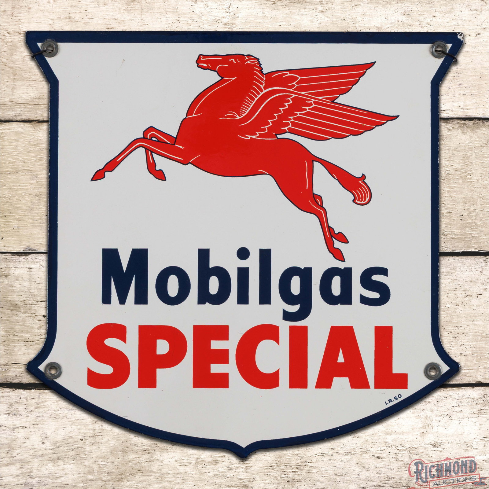1950 Mobilgas Special Single Sided Porcelain Pump Plate Sign w/ Pegasus: SSP (single sided porcelain) pump sign has excellent color and gloss. The field is clean. The perimeter has a small chip on the upper right edge. All four factory grommets are present and the sign is 