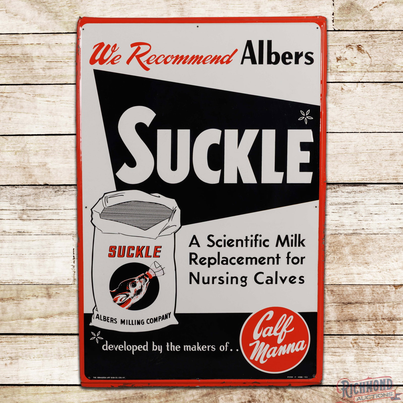1953 Suckle Albers Milling Company Milk Calf Manna" Emb. Single Sided Tin Sign (1 of 3)