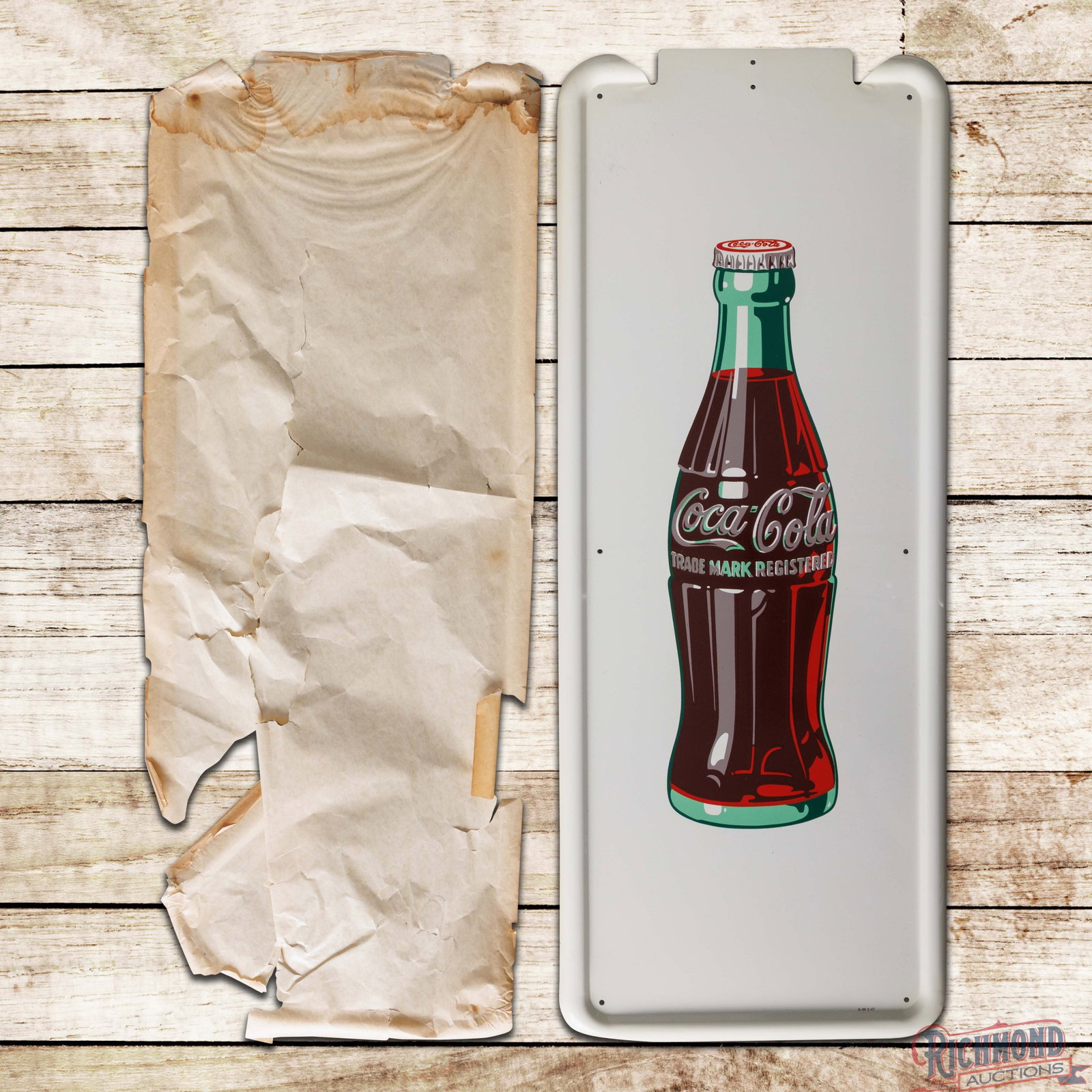 NOS 1947 Coca Cola Pilaster Sign w/ Bottle: NOS (new old stock) SST (single sided tin) self-framed Coke pilaster sign with the factory rice paper has excellent color and shine. The field is clean with minor marks and light wear in the white out