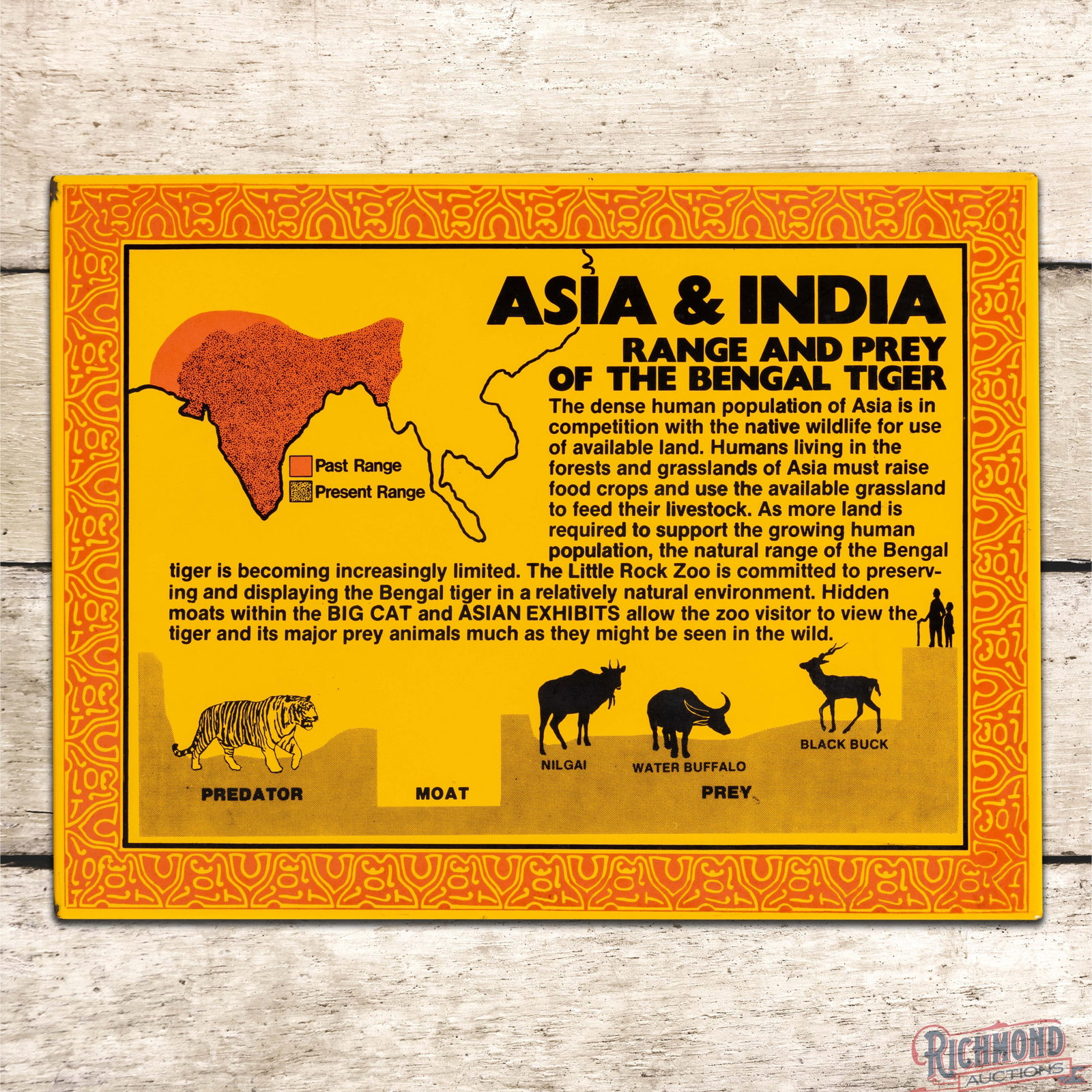 Little Rock Zoo Asia & India Bengal Tiger 24" Single Sided Porcelain Sign: SSP (single sided porcelain) rolled-edge sign has excellent color and gloss. The fields are clean. The perimeter has chips along the outer rolled edges. The sign has a great look with brilliant porcel