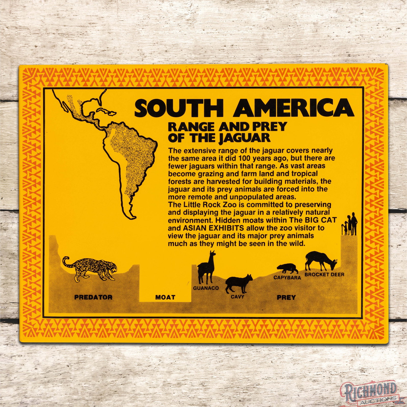 Little Rock Zoo South American Jaguar 24" Single Sided Porcelain Sign: SSP (single sided porcelain) rolled-edge sign has outstanding color and gloss. The field is clean. The perimeter has tiny chips along the outer edges. Overall a unique, colorful porcelain sign from th