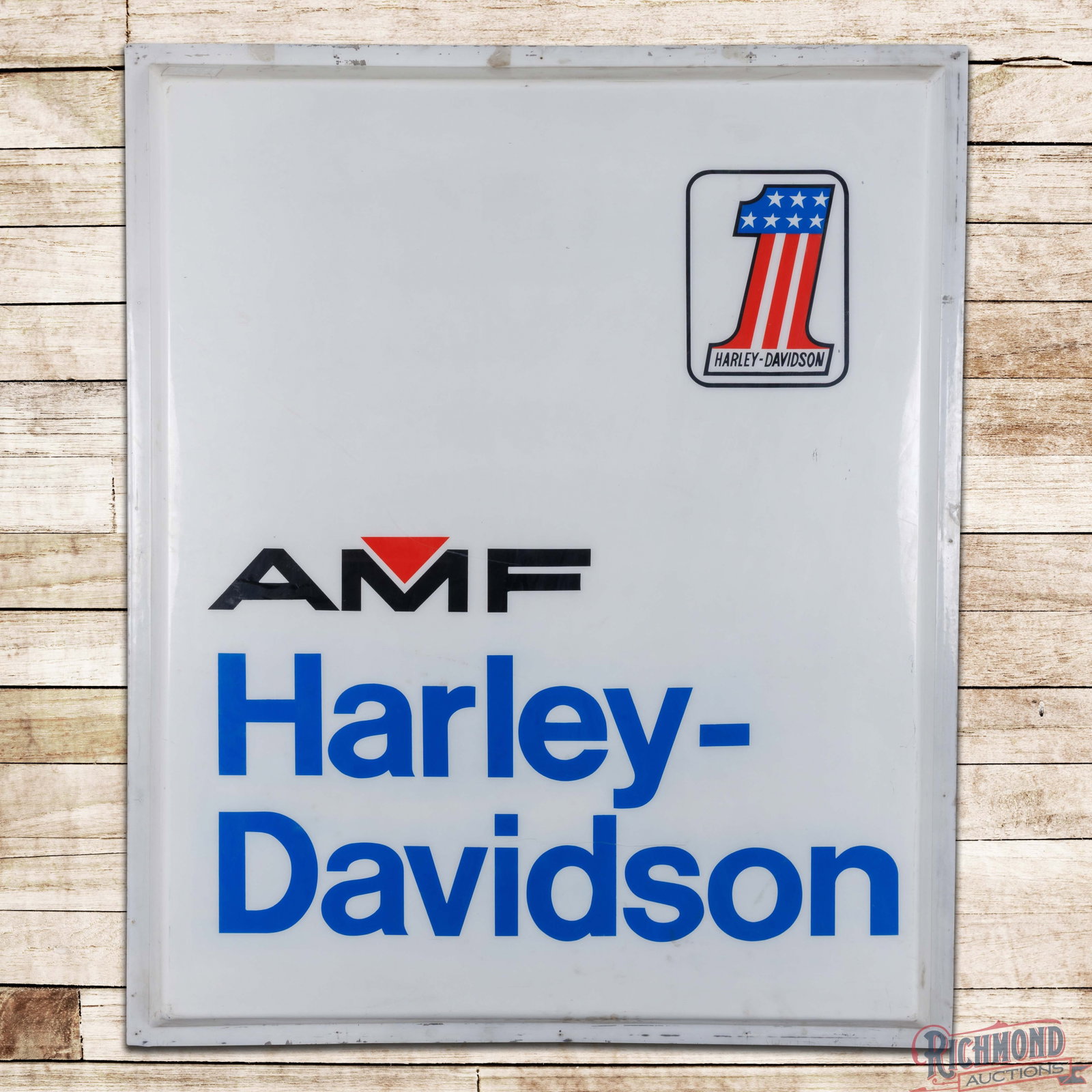 AMF Harley Davidson Motor Cycles 6' SS Plastic Sign Panel w/ #1 Logo: Single sided convex plastic sign panel has very good color. The display has light wear, scratches and areas of discoloration in the lower fields. The perimeter has paint chips with discoloration and c