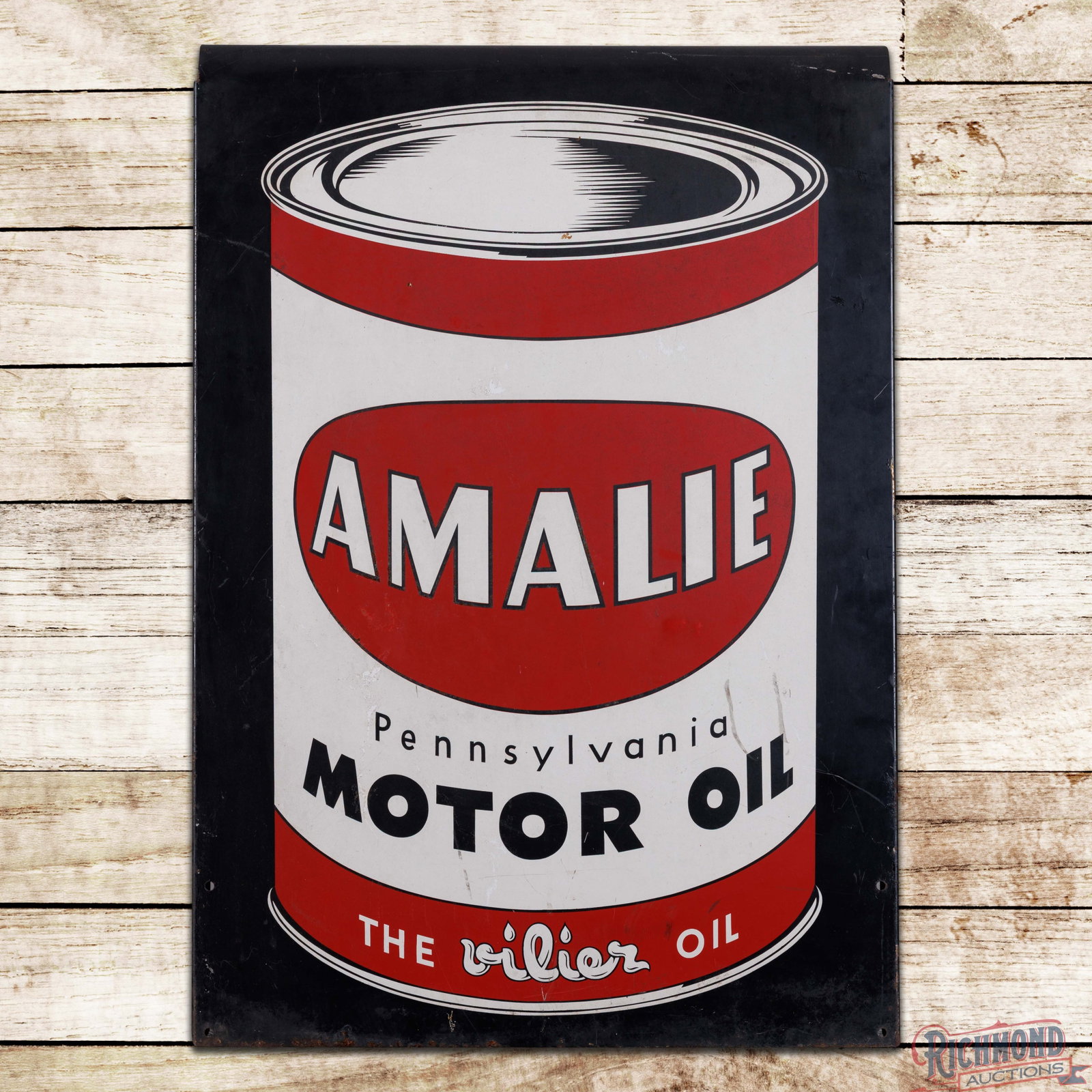Amalie Pennsylvania Motor Oil "The Oilier Oil" Double Sided Tin Curb Sign w/ Quart Can: DST (double sided tin) curb sign with rolled upper edge has very good color and shine. Side #1 has light wear with marks and slight discoloration. The perimeter has paint chips with oxidation along th