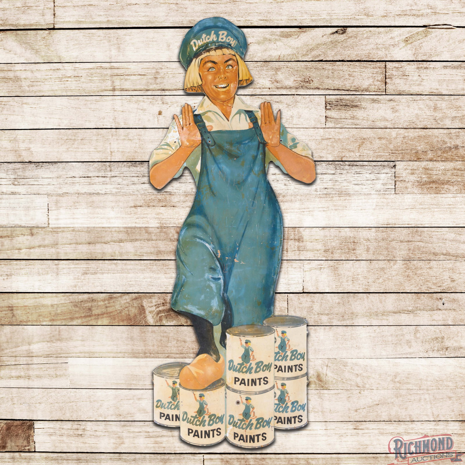 Dutch Boys Paints 7.5' Die Cut Wooden Advertising Sign: Single sided die cut wooden sign has good color and shine. The fields have paint chips with surface scratches, added lettering with areas of color match. The perimeter has similar wear with toning and
