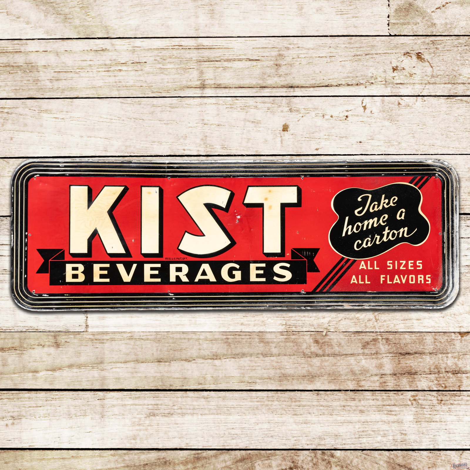 Kist Beverages Take Home a Carton 4.5' Emb. Single Sided Tin Sign: SST (single sided tin) embossed self-framed sign has good color and shine. The field has small bends with non-factory holes, paper marks and toning. The perimeter has errant white paint with areas of 