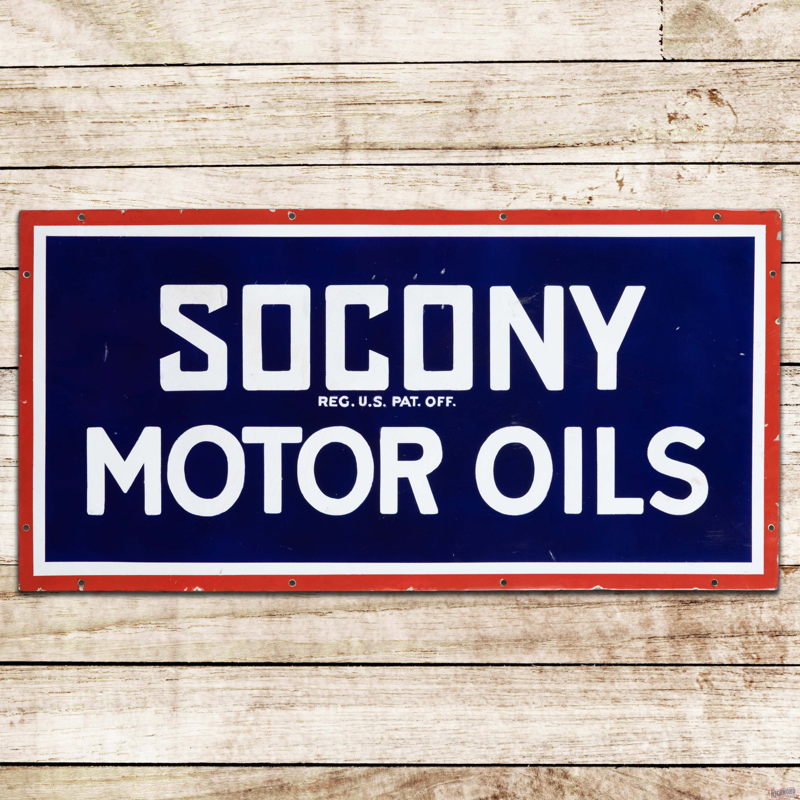 Socony Motor Oils 36" Single Sided Porcelain Sign: SSP (single sided porcelain) sign has been excellent color. The sign has been restored and presents with crazing, small chips and surface imperfections. The perimeter has small chips along the outer e