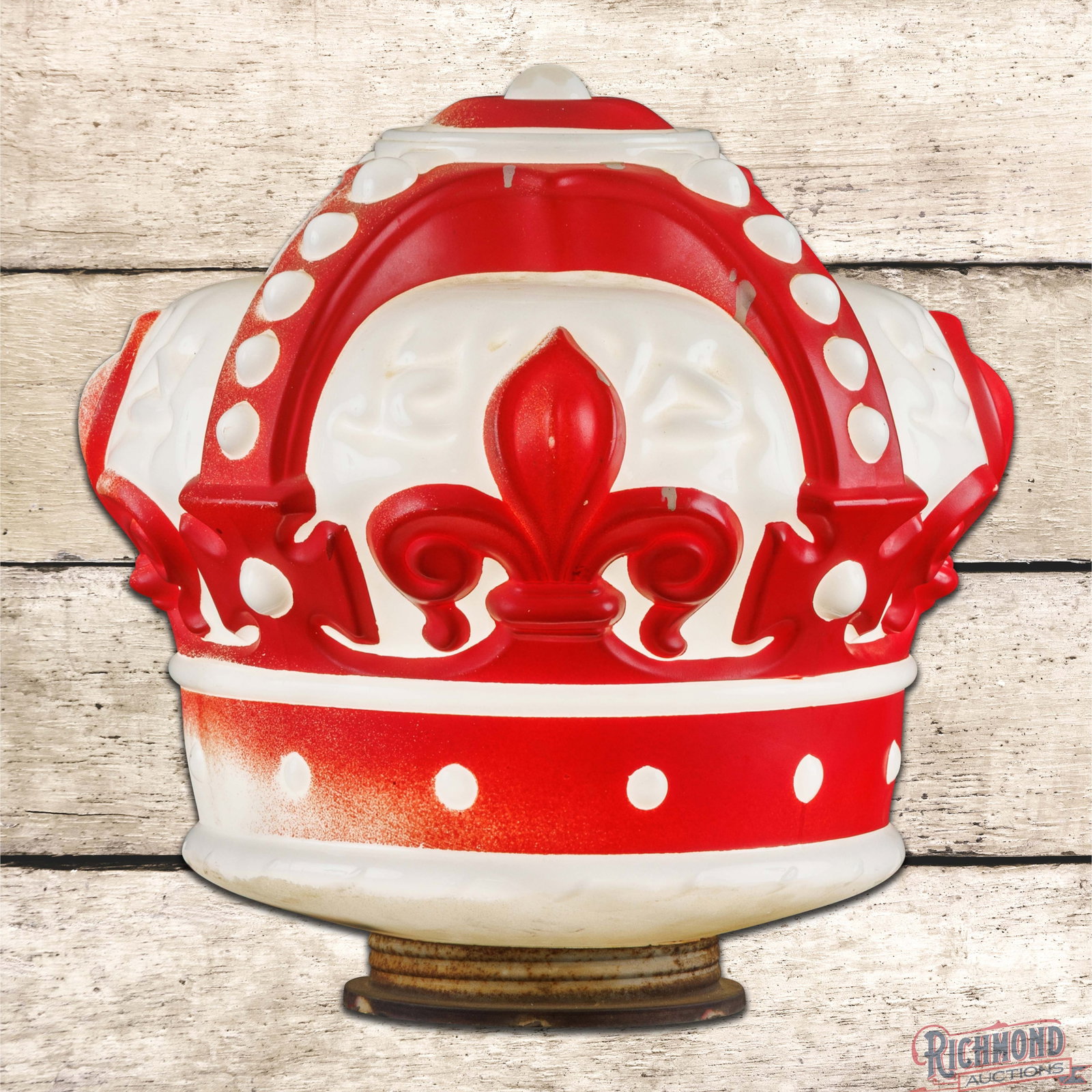 Standard Red Crown Gasoline OPC Milk Glass Gas Pump Globe: OPC milk glass globe with screw base and collar. The globe body features original paint with areas of loss and wash. The lower edges of the body have errant white paint present. The base has a tiny ch