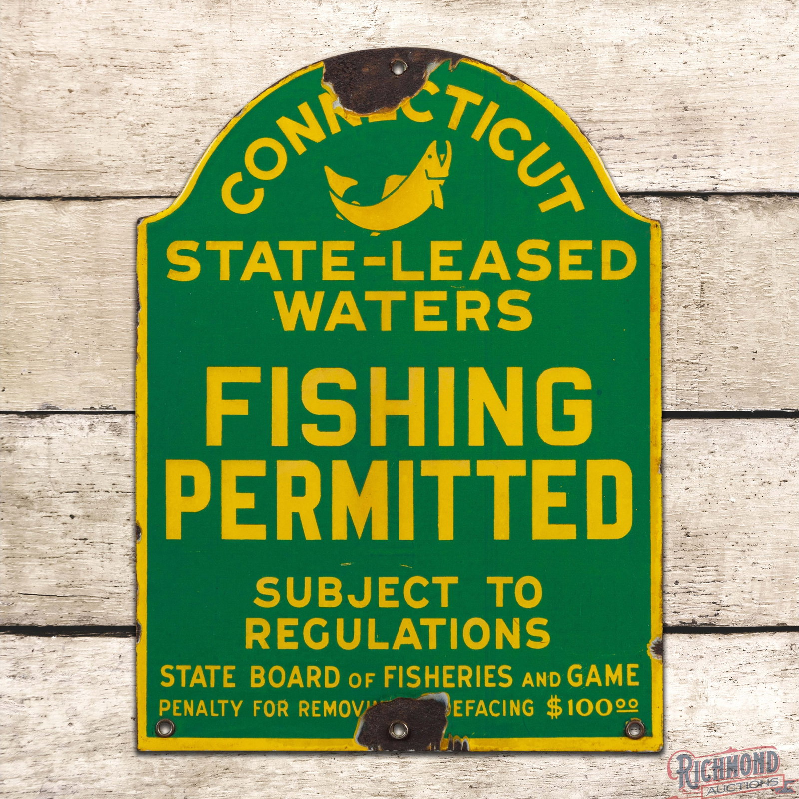 Connecticut State Leased Waters Fishing Permitted Single Sided Porcelain Sign (1 of 3)