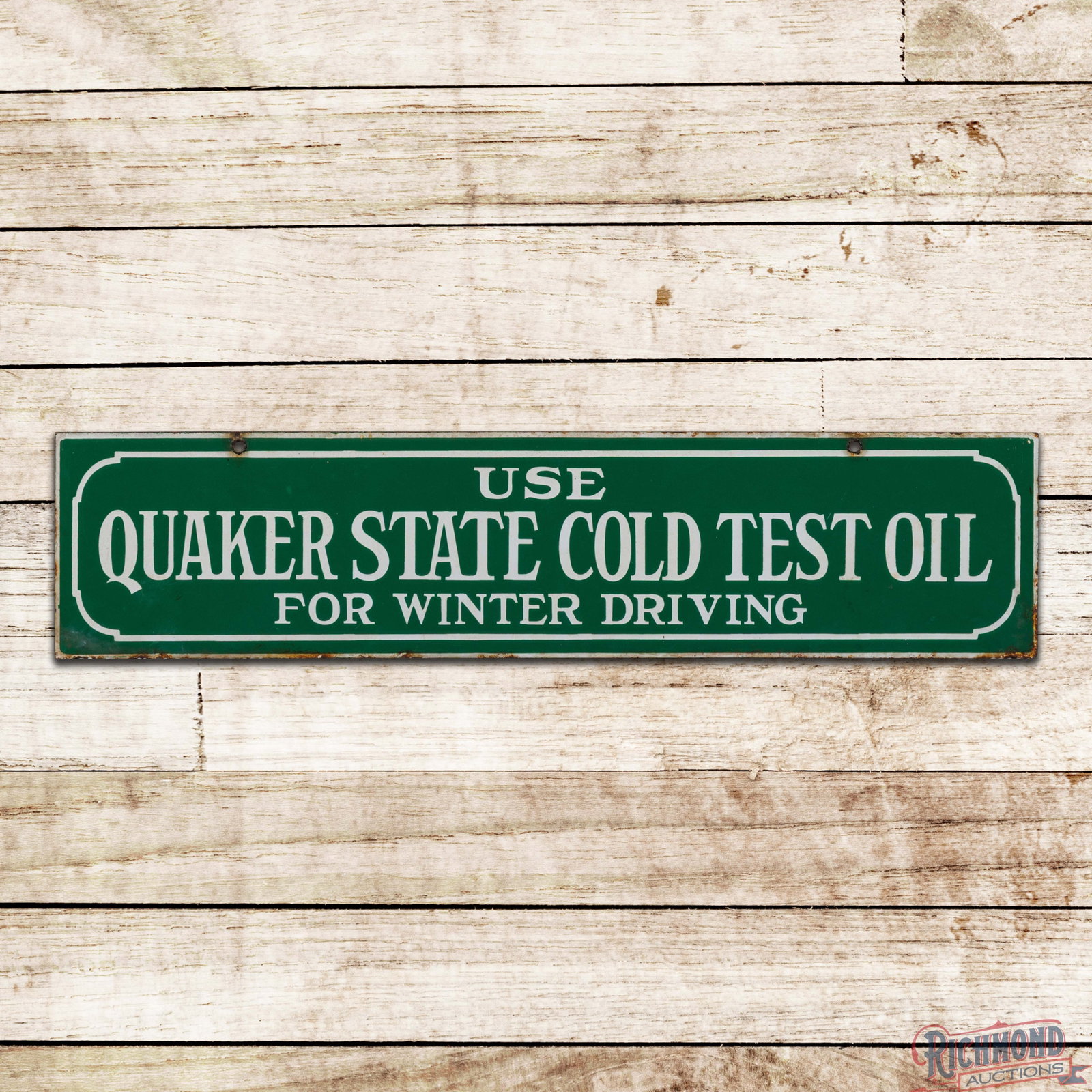 Use Quaker State Cold Test Oil for Winter Driving Double Sided Porcelain Sign: DSP (double sided porcelain) sign has very good color and gloss. Side #1 has minor surface imperfections with small chips and discoloration along the outer edges. The reverse has discoloration in the 