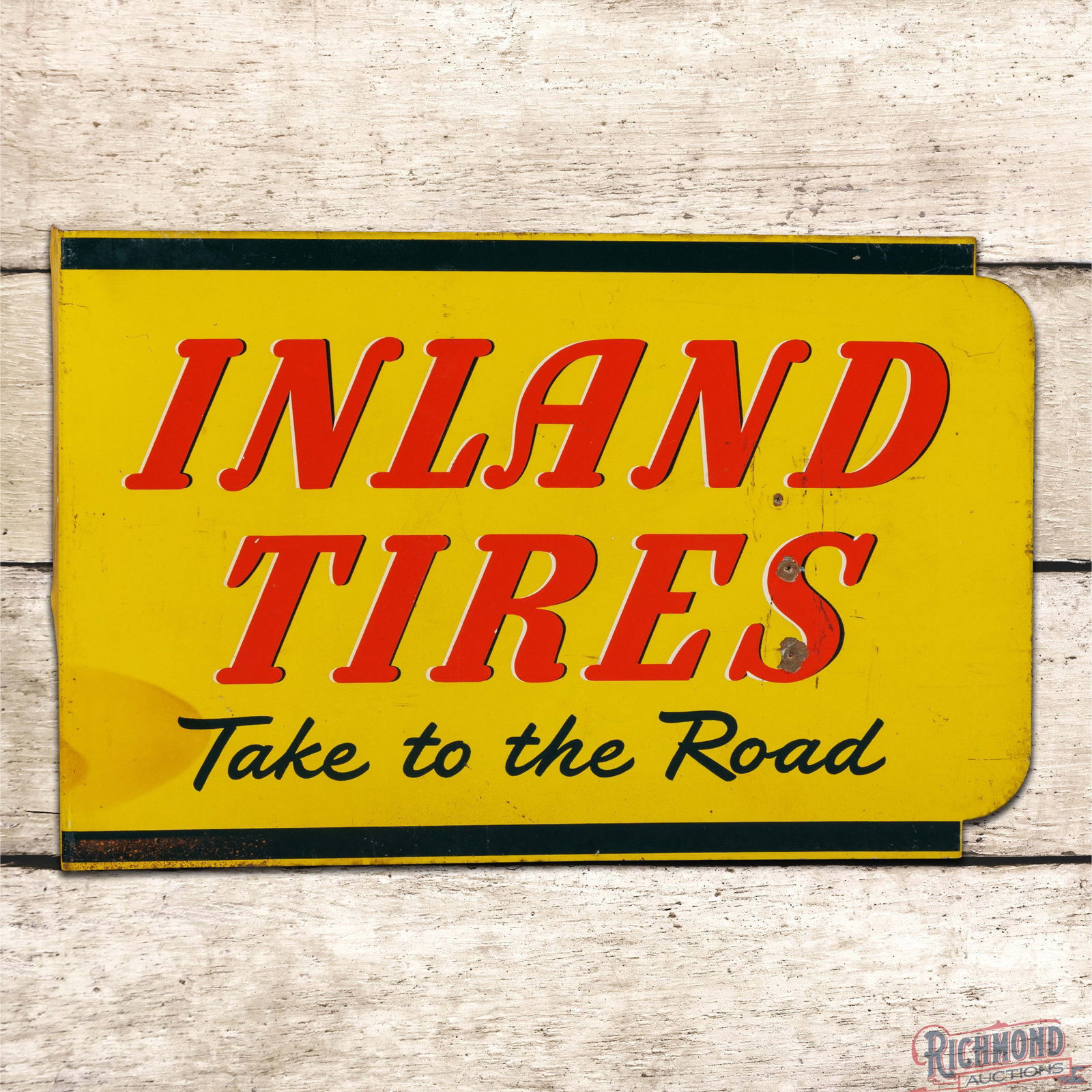 Inland Tires "Take to the Road" Double Sided Tin Flange Sign: DST (double sided tin) flange has good color and shine. Side #1 has light wear throughout with paint chips and three small non-factory holes in the left field. The perimeter has small scratches along 