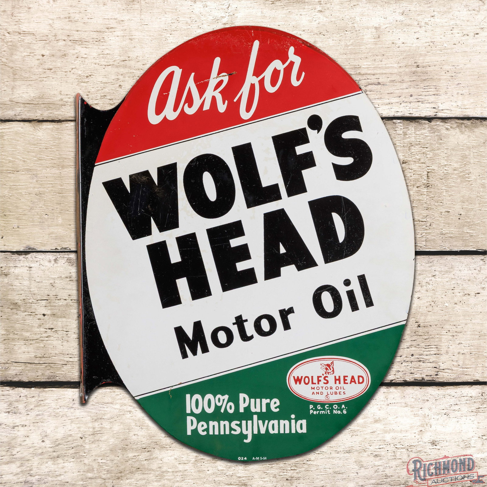 1954 Ask for Wolf's Head Motor Oil Double Sided Tin Flange Sign w/ Logo: DST (double sided tin) flange has good color and shine. Side #1 has surface wear with fine scratches and surface rubs. The perimeter has paint chips with minor bends on the flange. The reverse has gen