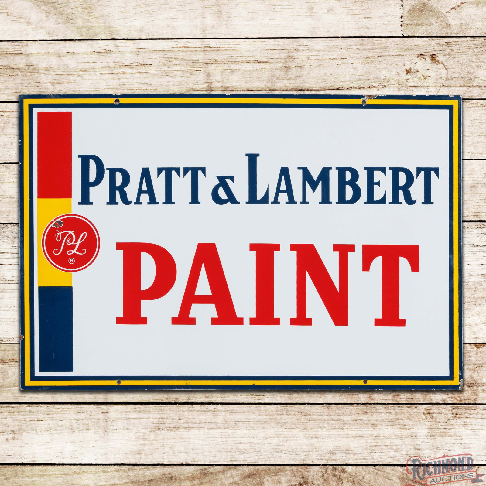 Pratt & Lambert Paint 3' Double Sided Porcelain Sign: DSP (double sided porcelain) sign has excellent color and gloss. The field is very clean overall exhibiting minor surface wear and two small chips in the right outer field. The perimeter has small chi