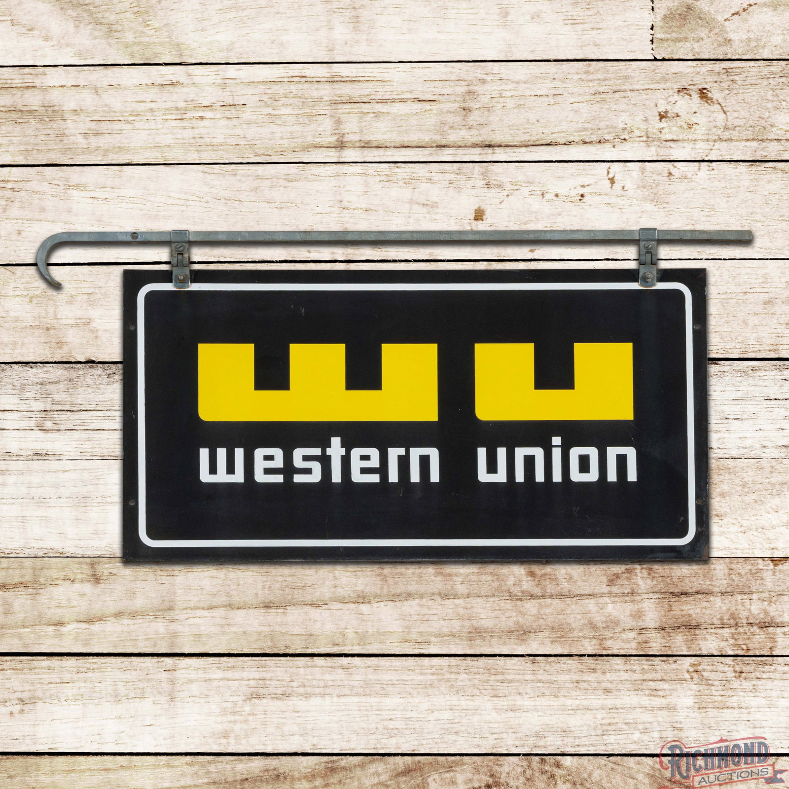 Western Union 30" Double Sided Porcelain Sign w/ Hanger: DSP (double sided porcelain) sign with the factory hanger has very good color and gloss. The display is clean with minor surface imperfections and a chip on the lower right corner. The reverse is in a