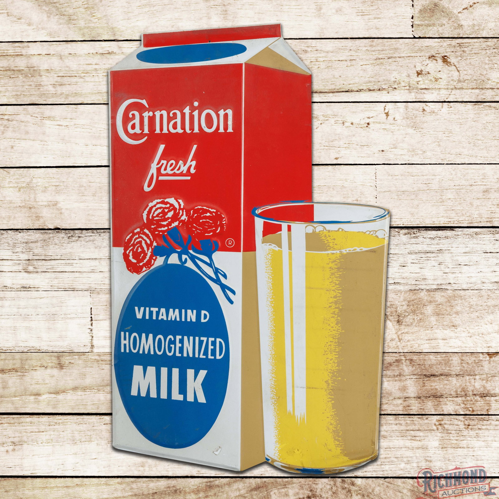 Carnation Fresh Vitamin D Homogenized Milk Emb. Single Sided Tin Sign w/ Carton & Glass: SST (single sided tin) embossed die cut sign has good color and shine. The sign has slightly muted colors with light wear and small paint chips in the field. The upper letter "N" has a small errant wh