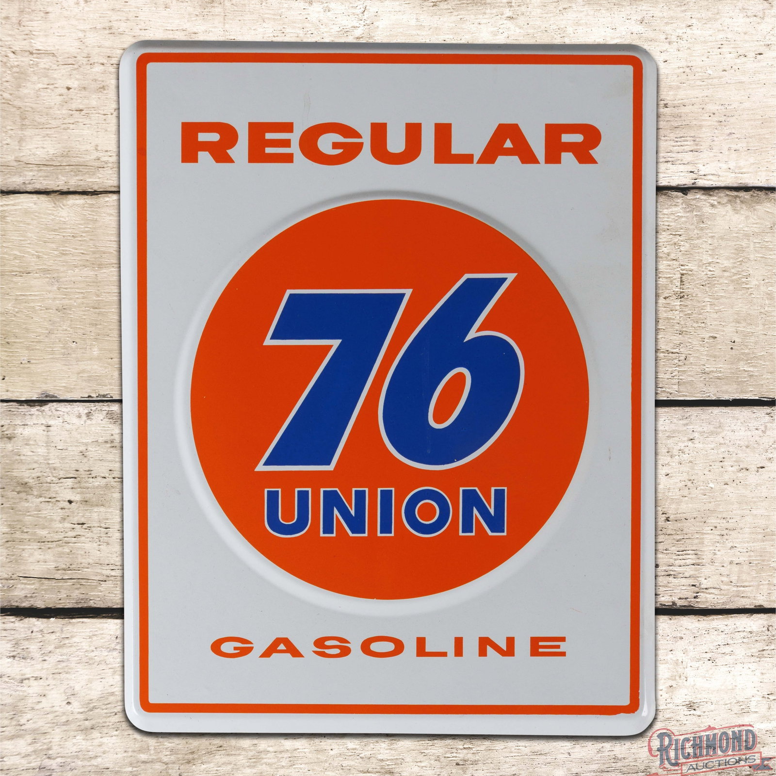 Union 76 Regular Gasoline Emb. Single Sided Porcelain Pump Plate Sign w/ Logo: SSP (single sided porcelain) embossed rolledge edge pump plate has excellent color and gloss. The field is clean with faint discoloration in the "6". The perimeter is clean and all four factory mounti