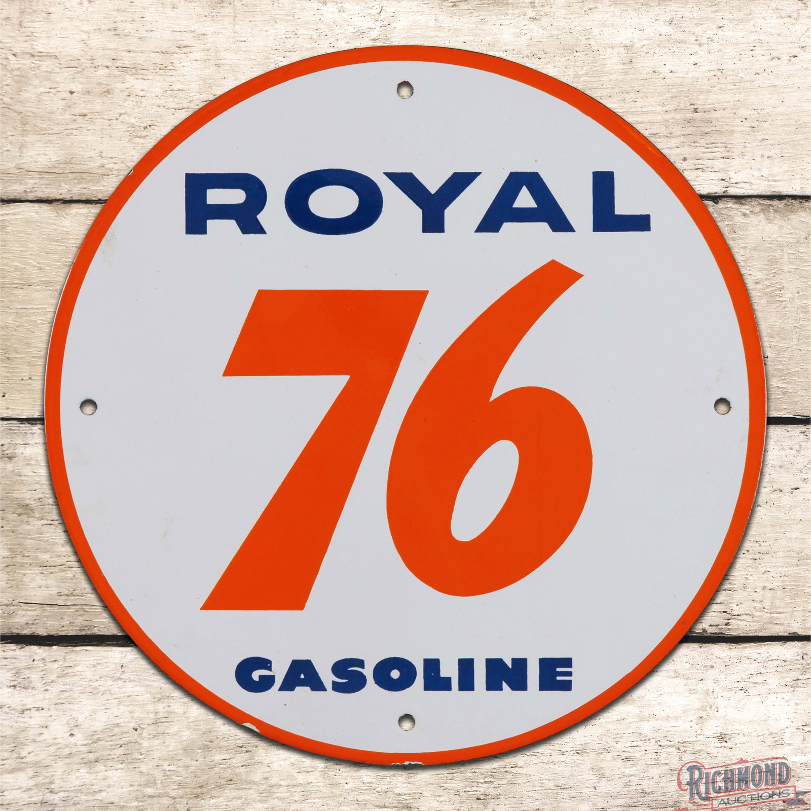 Union Royal 76 Gasoline Single Sided Porcelain Pump Plate Sign: SSP (single sided porcelain) pump plate has excellent color and gloss. The field is very clean overall with minor surface imperfections. The perimeter has a few tiny chips on the lower edges. Overall 