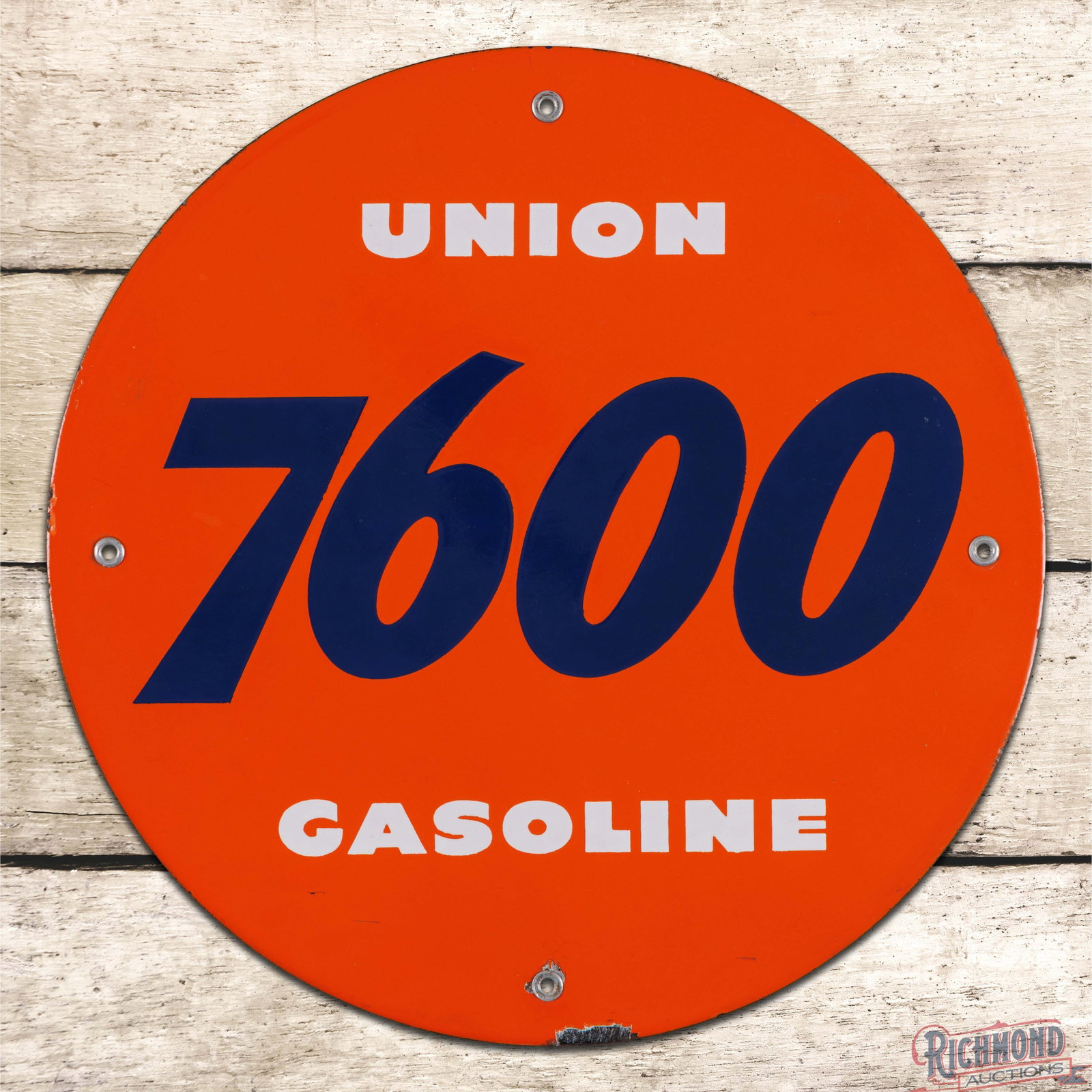 Union 7600 Gasoline Single Sided Porcelain Pump Plate Sign: SSP (single sided porcelain) pump plate has excellent color and gloss. The field is clean with small nicks in the lower fields. The perimeter has a chip at the lower mounting hole, lower edge with a f