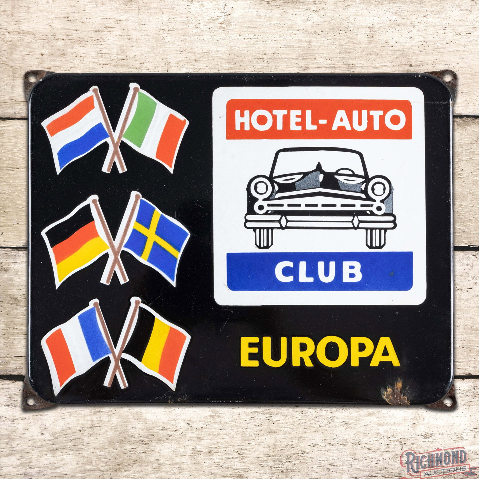 Europa Hotel Auto Club Single Sided Porcelain Sign w/ Flags & Automobile (1 of 3)