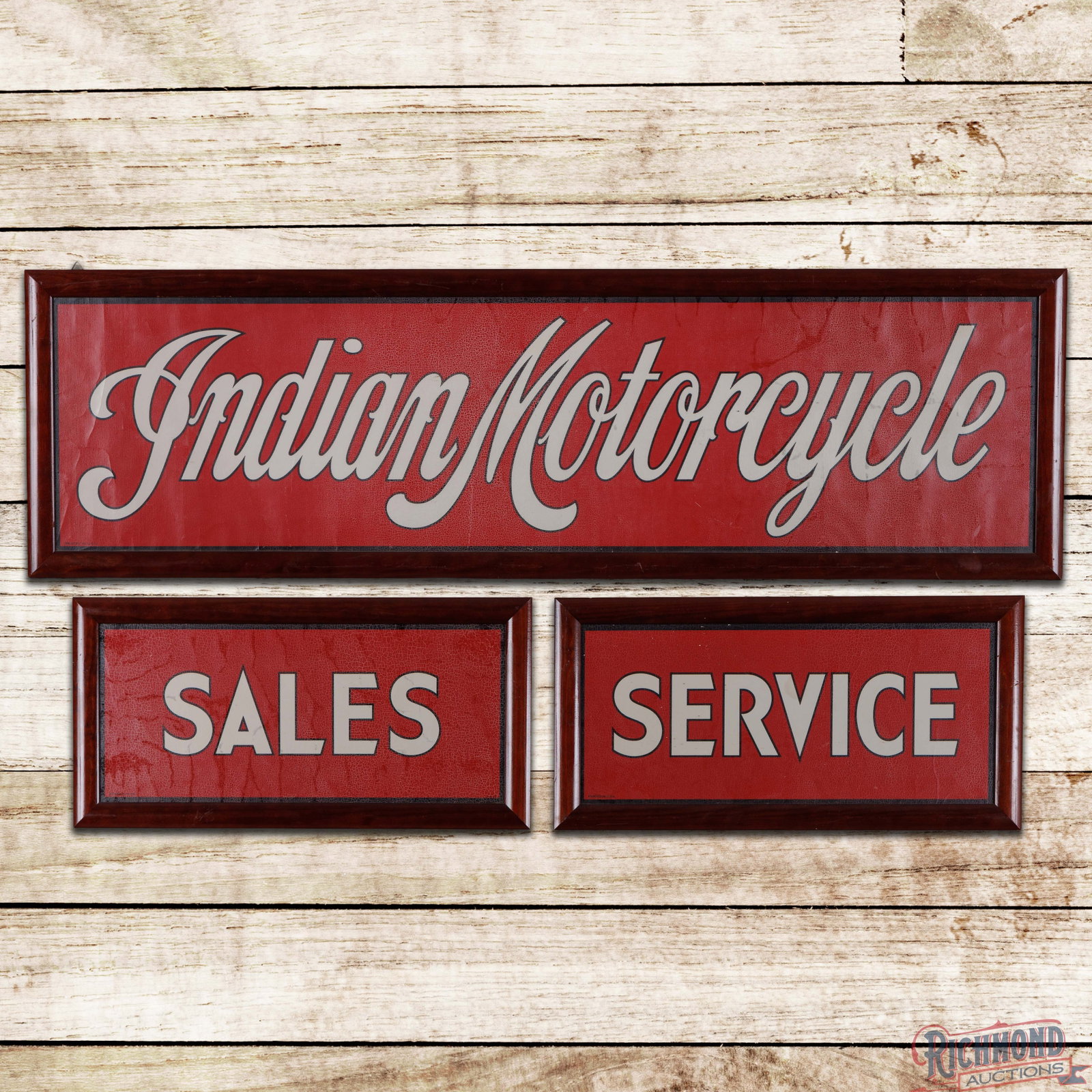 Indian Motorcycle Sales Services Framed Advertising Window Decal Sign: Three-piece framed advertising window decal signs have very good color. The larger sign measures 14" x 47" and the smaller signs measure 11" x 22". The signs have a crackled surface with wrinkles and 