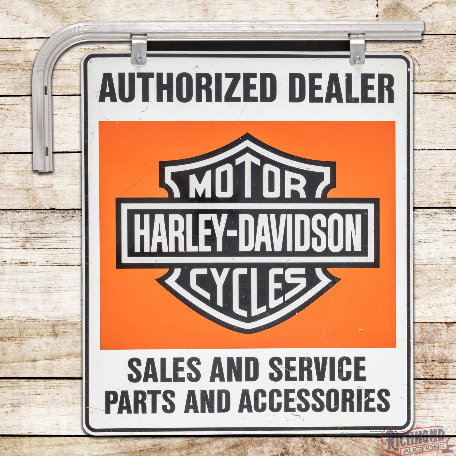 Harley Davidson Motor Cycles Authorized Dealer Sales Service Parts Accessories Double Sided Tin Sign: DST (double sided tin) sign with the factory hanging bracket has excellent color and shine. Side #1 has light wear in the fields with small indentations and fine scratches in the outer lettering. The 