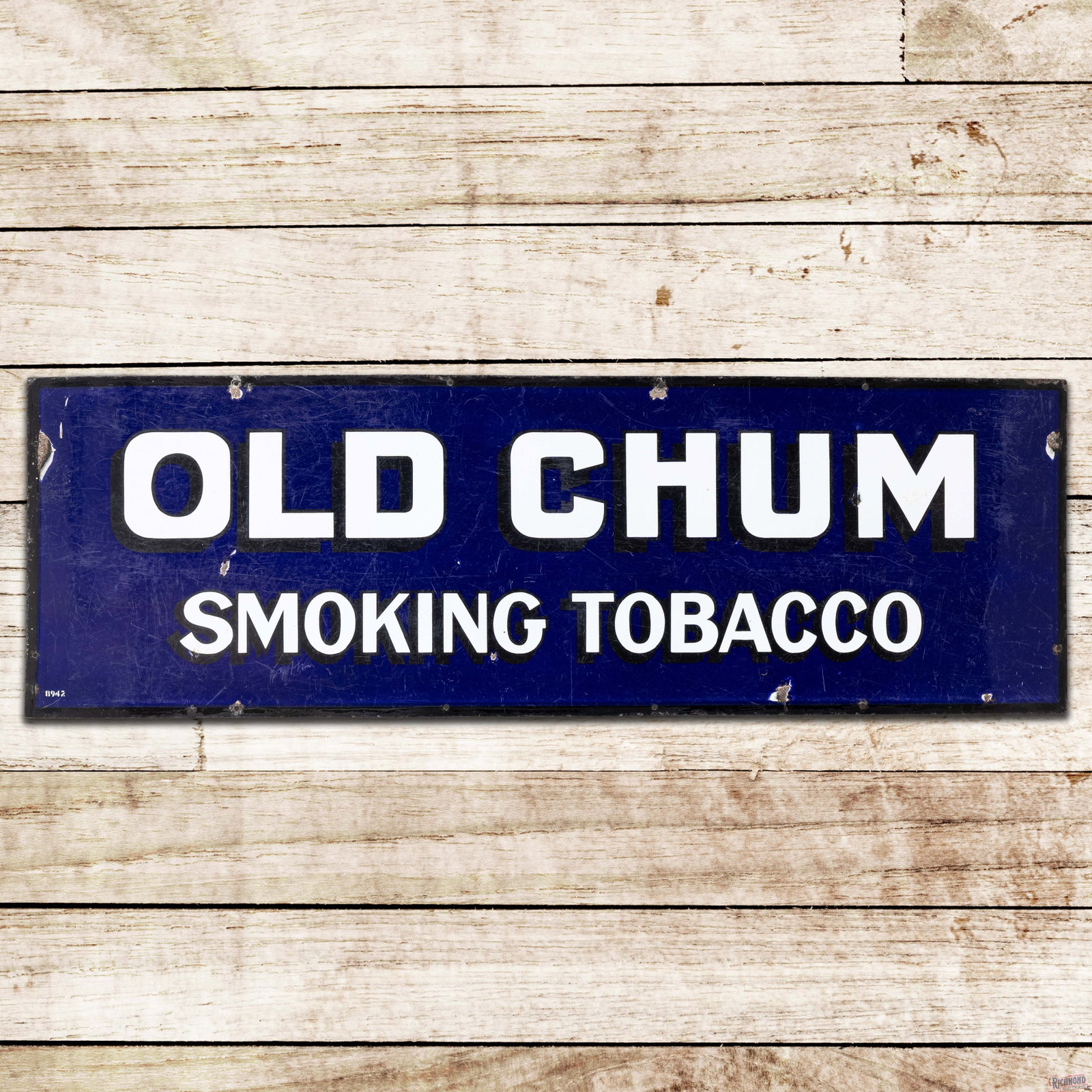 Old Chum Smoking Tobacco 4' Single Sided Porcelain Sign: SSP (single sided porcelain) sign has good color and gloss. The fields have surface wear with scratches and small chips. The perimeter has chips at the mount holes and outer edges. All in all an early