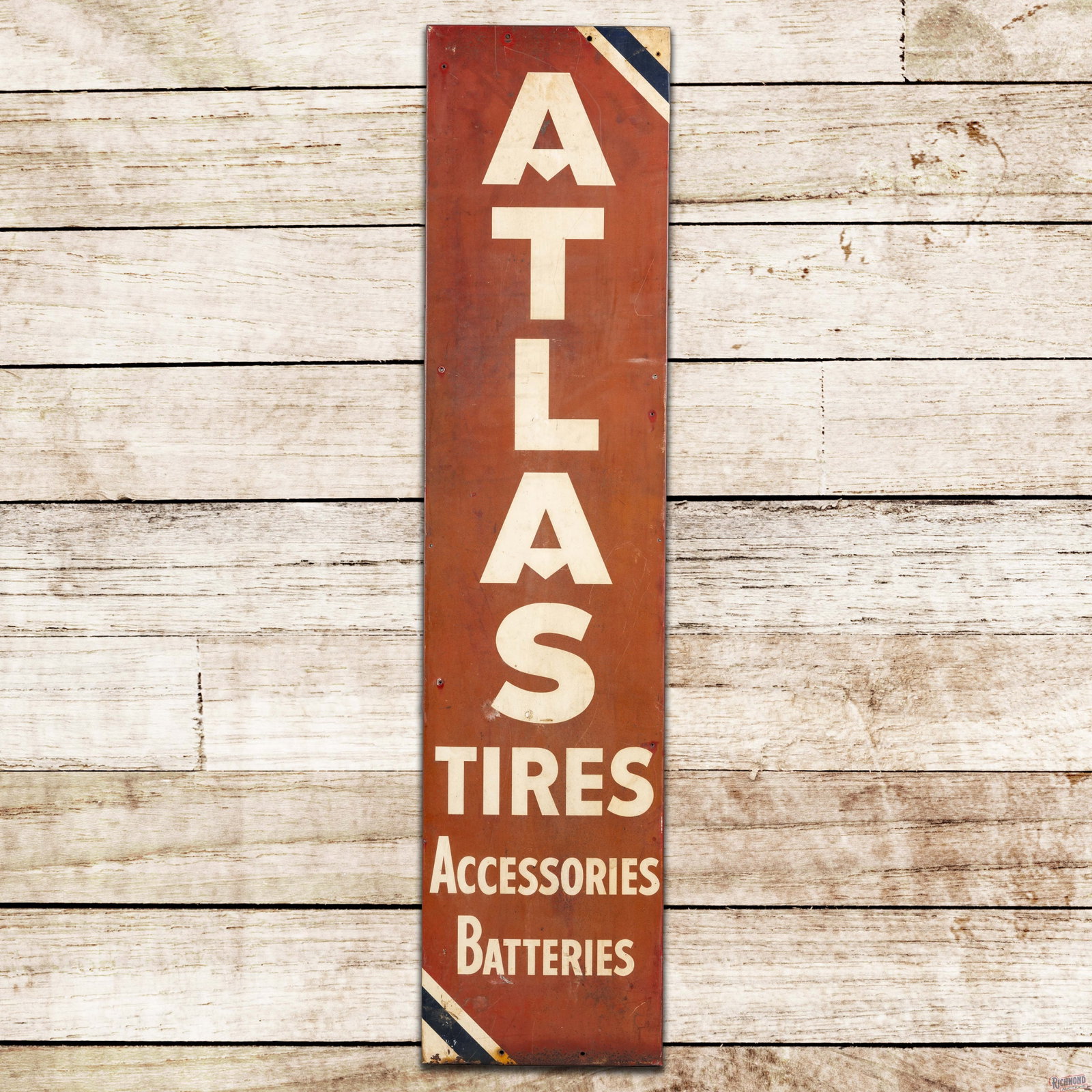 Atlas Tires Accessories Batteries 6' Single Sided Tin Sign: SST (single sided tin) rolled edge sign with the factory wooden frame has moderate color and shine. The display has general age wear with fading, discoloration and fine scratches. The outer edges have
