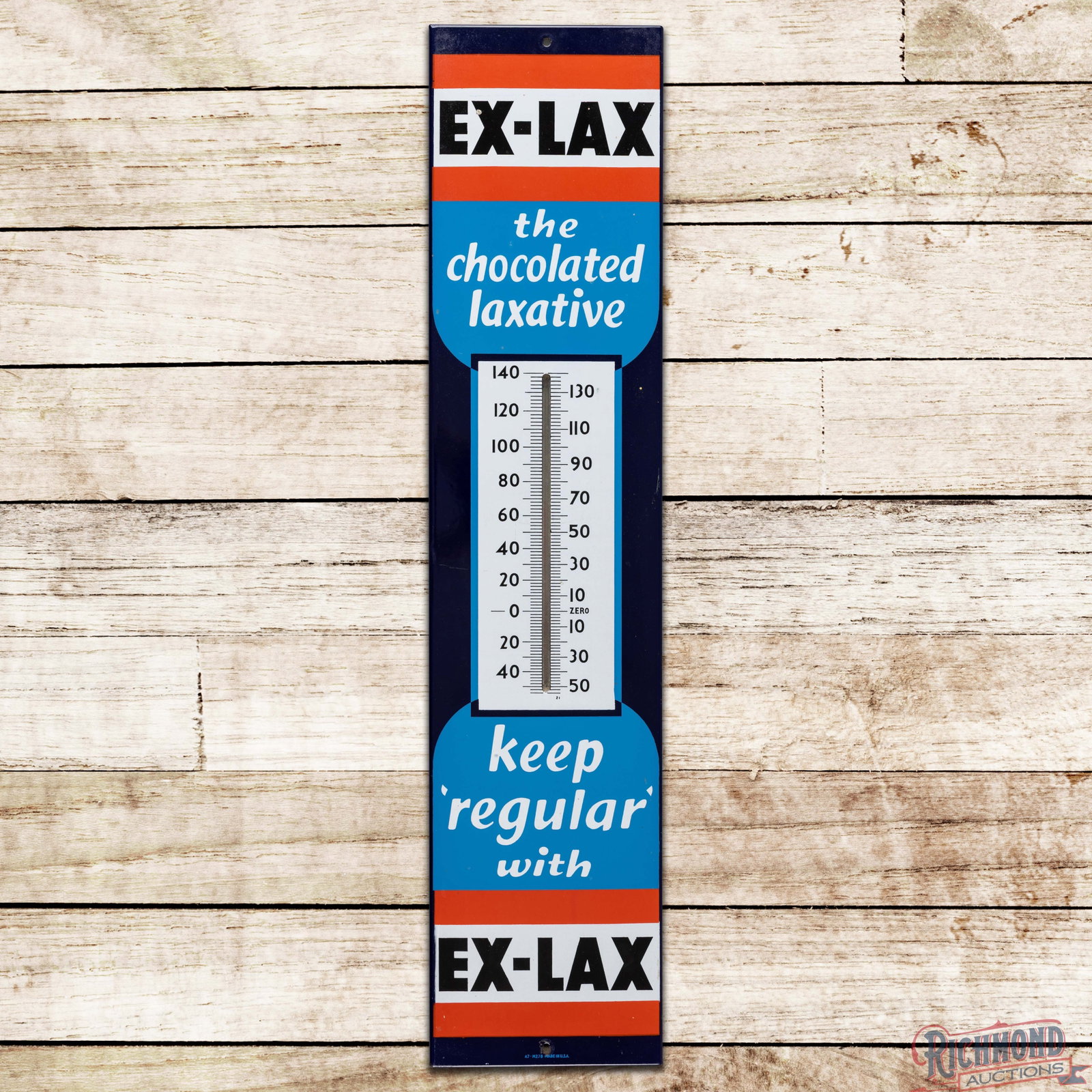 Ex-Lax The Chocolated Laxative "Keep Regular" Single Sided Porcelain Thermometer: SSP (single sided porcelain) rolled-edge thermometer has excellent color and gloss. The tube is intact and works as it should. The field is very clean overall with small errant paint drips and a fine 