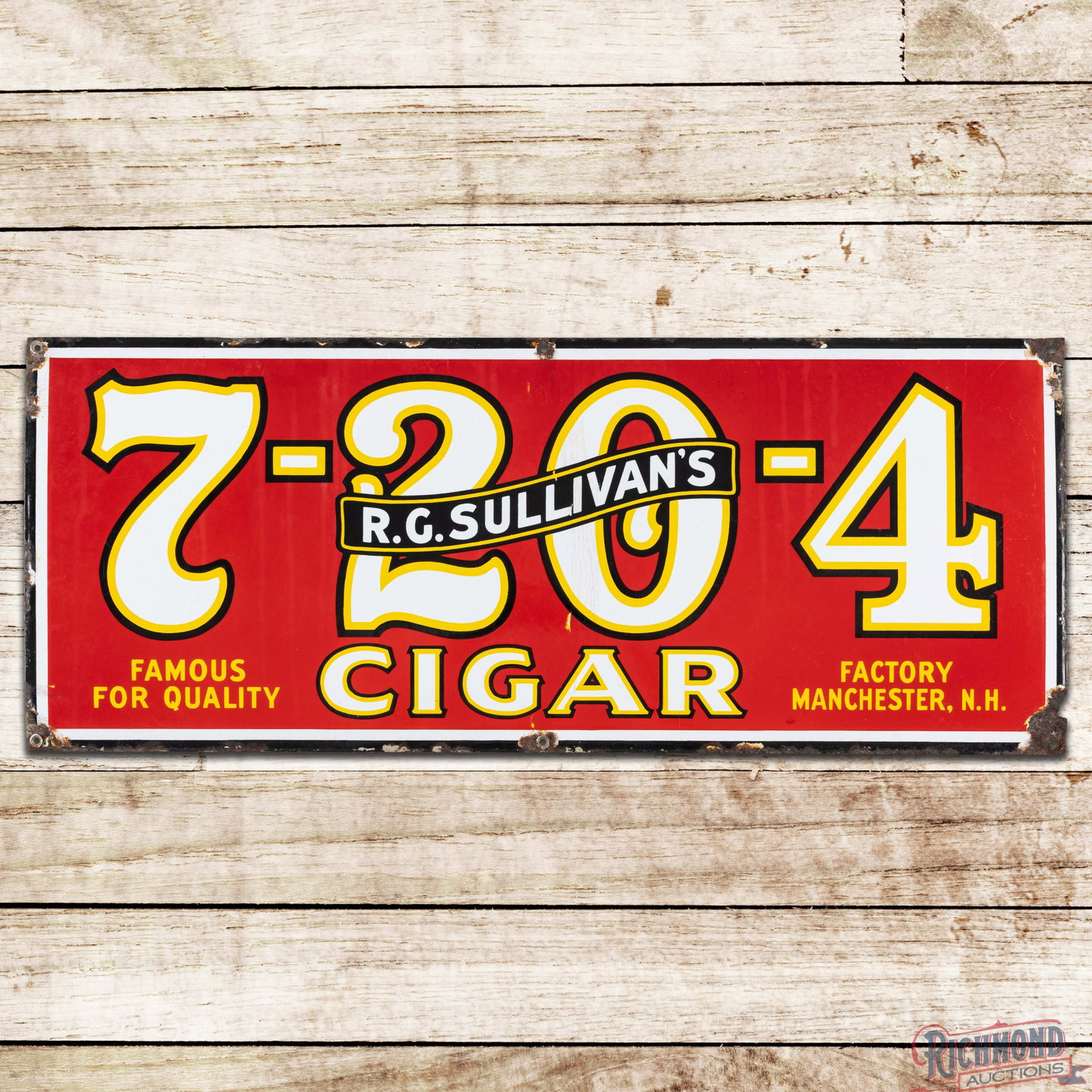 R.G. Sullivan's 7-20-4 Cigar "Famous for Quality" Single Sided Porcelain Sign: SSP (single sided porcelain) sign has good color and gloss. The field has discoloration in the red porcelain enamel and a line of crazing with chips on the left side of the "0" in 7-20-4. The perimete