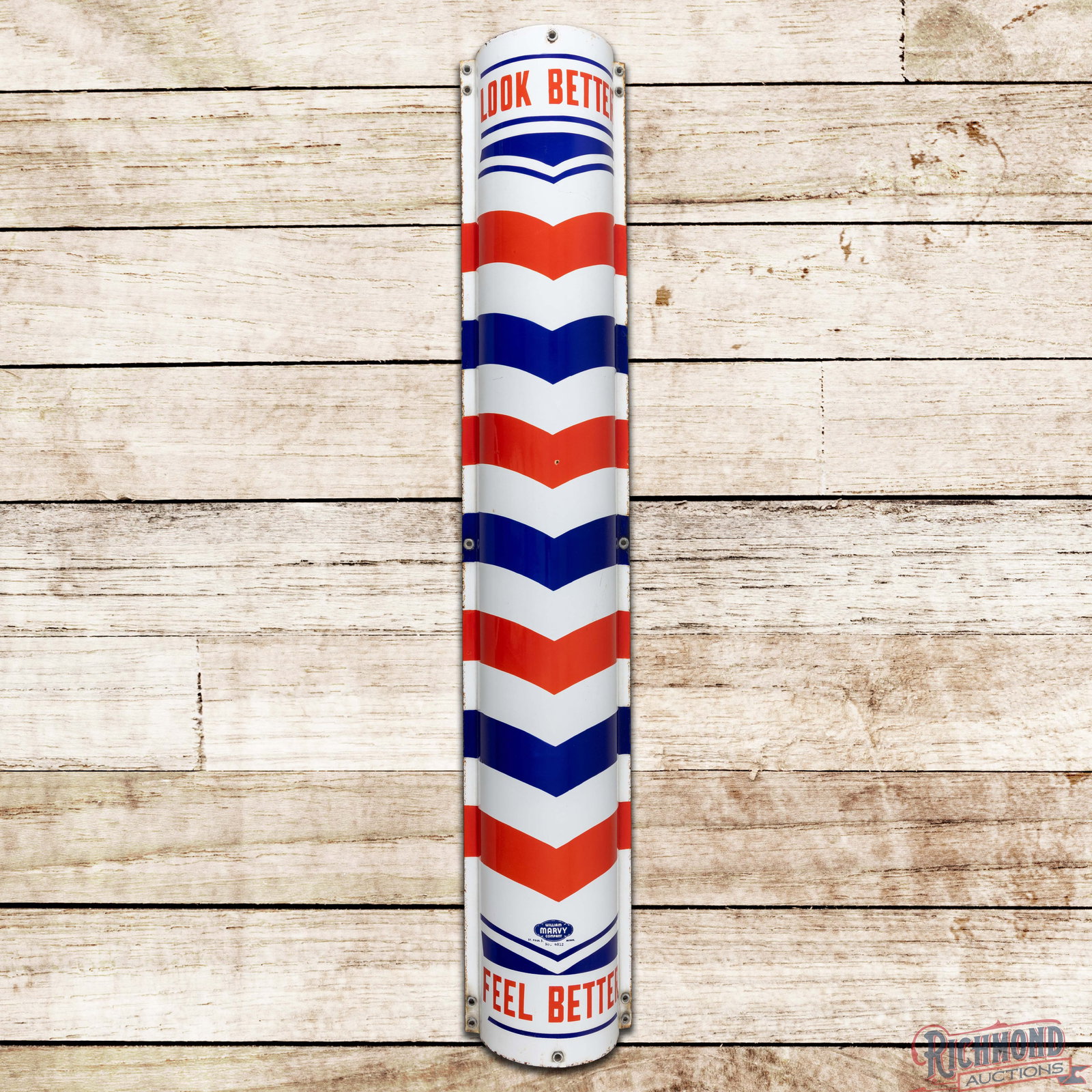 Look Better Feel Better 4' Single Sided Porcelain Curved Barber Pole Sign (1 of 3)