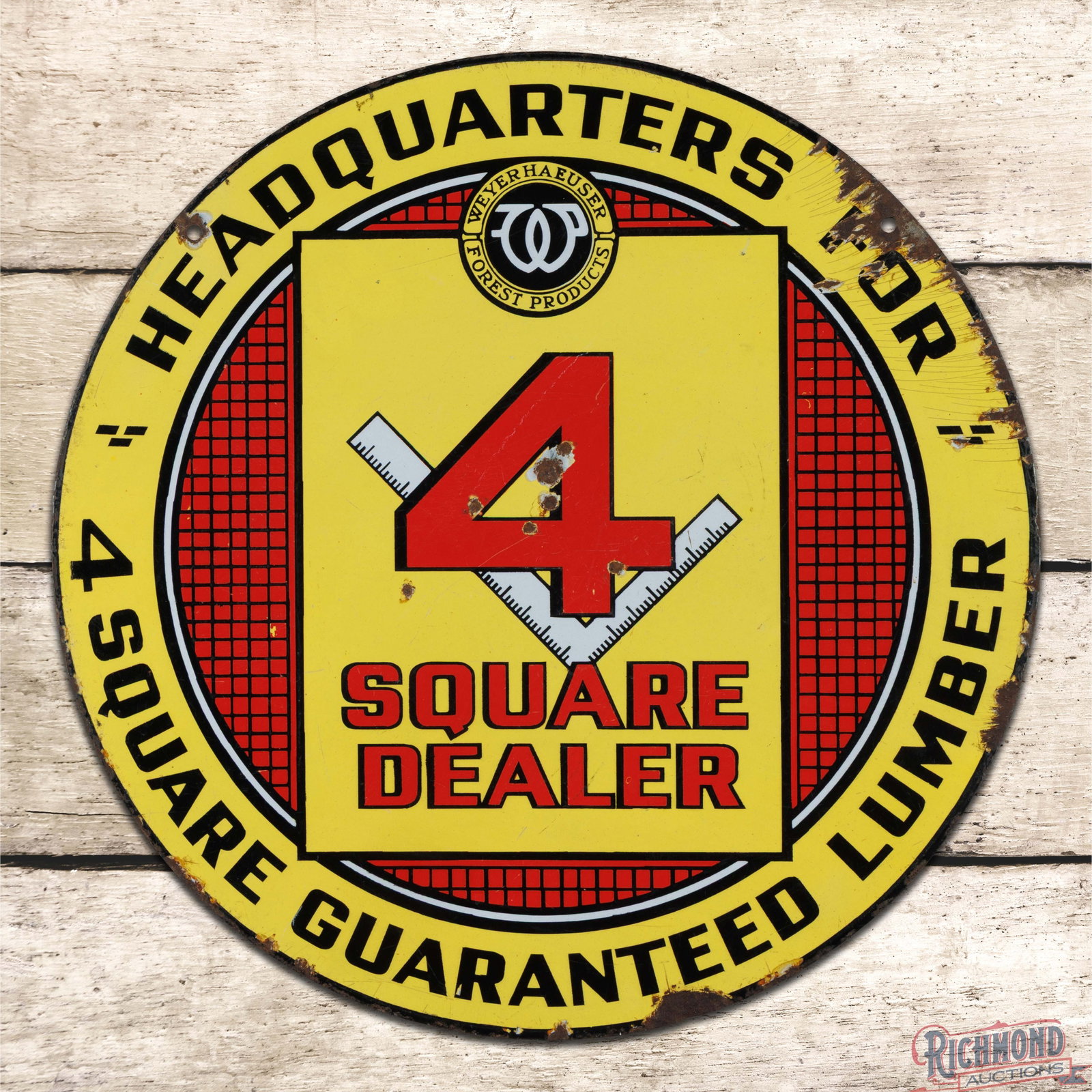4 Square Guaranteed Lumber 20" Double Sided Porcelain Sign w/ Logo: DSP (double sided porcelain) sign has good color and gloss. The display has surface wear with chips and fine scratches. The perimeter has chips at the mounting holes and edges. The reverse has larger 