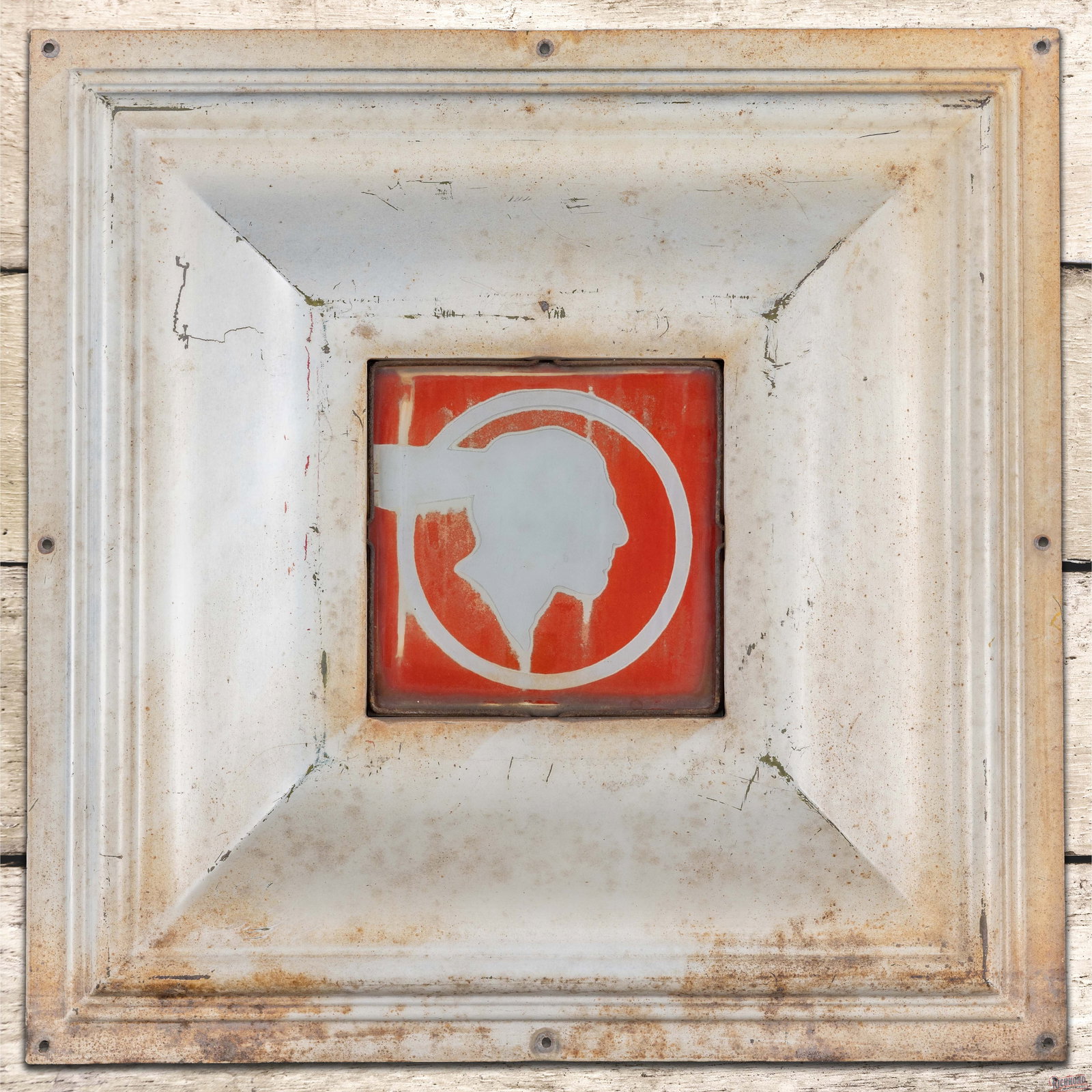 Pontiac Automobiles Dealership Emb. Single Sided Tin Panel w/ Glass Sign: Single sided glass Pontiac sign with self-framed embossed metal panel. The glass sign features a full feather graphic with general age-related wear throughout. The metal panel has surface wear with ox