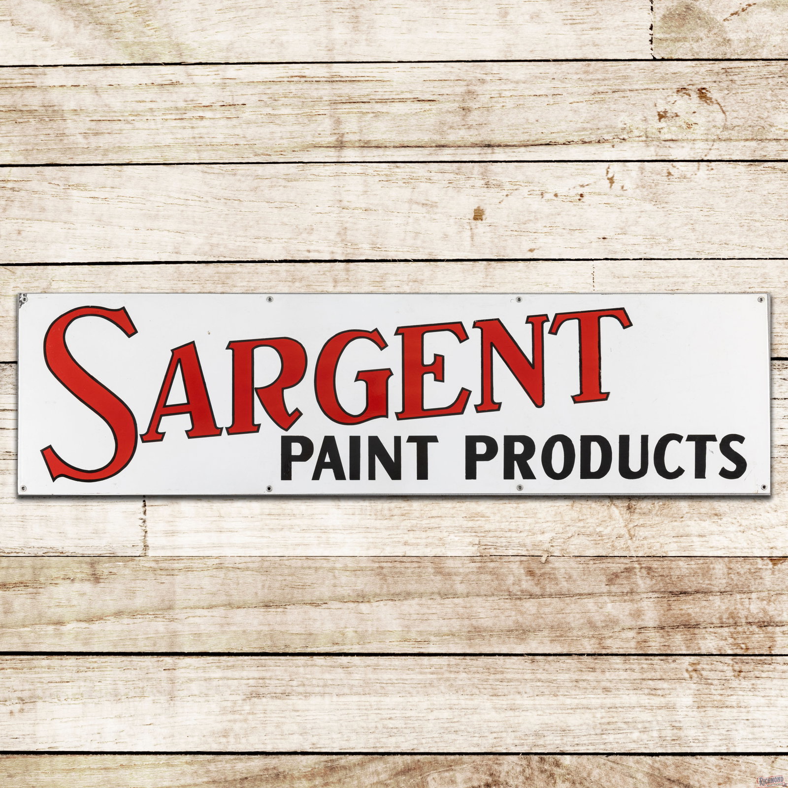 Sargent Paint Products 5' Single Sided Porcelain Sign: SSP (single sided porcelain) sign has excellent color and gloss. The fields are clean with a small factory blemish in the "P" of Paint and another in the upper left field. The perimeter has small chip