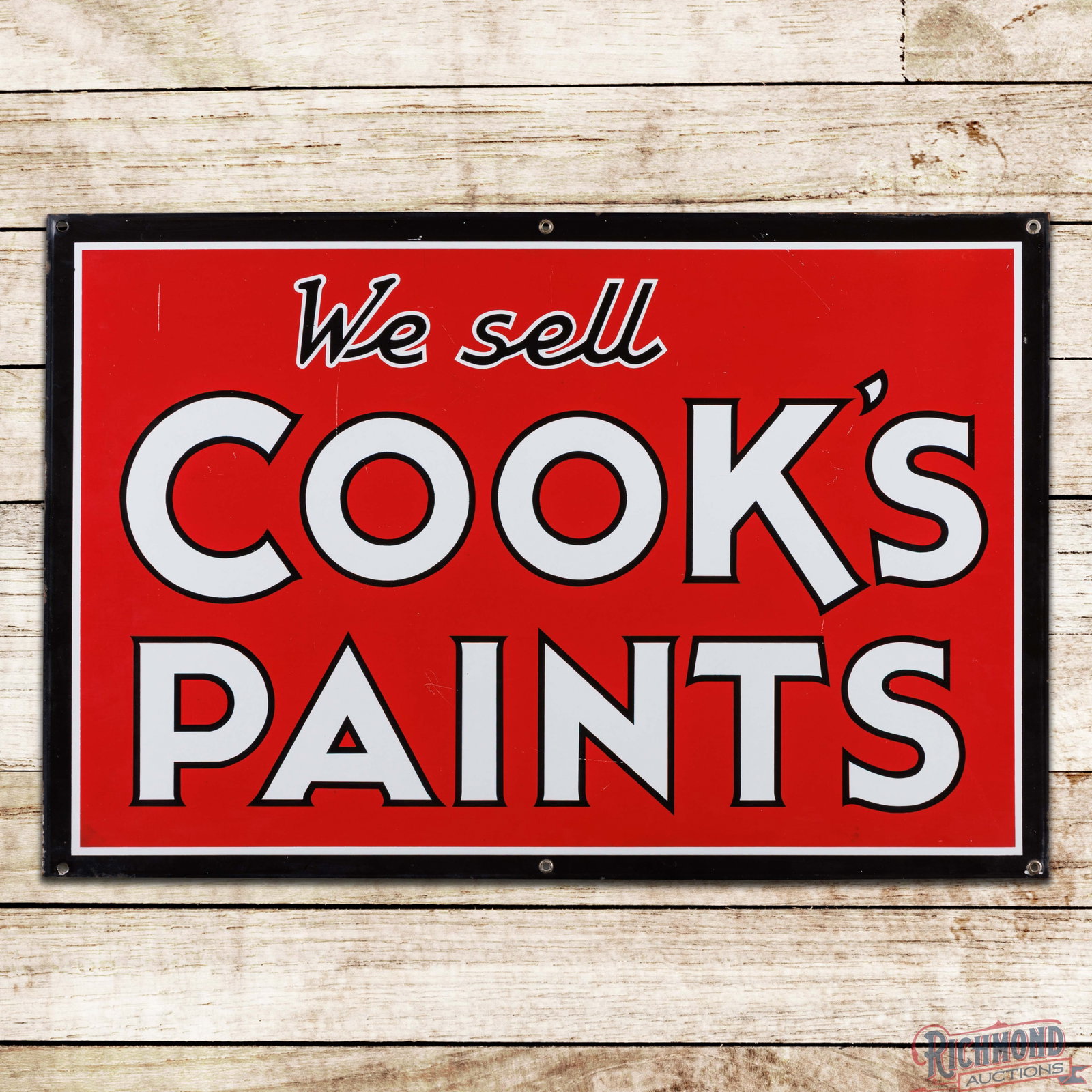 We Sell Cook's Paints 36" Single Sided Porcelain Sign: SSP (single sided porcelain) sign has excellent color and gloss. The field has fine scratches with areas of minor discoloration in the outer fields. The perimeter has small chips along the outer edges