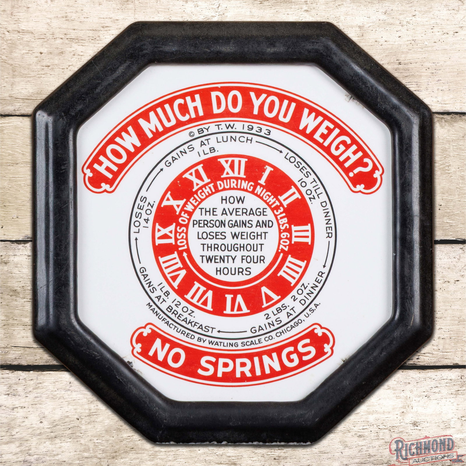 Watling Scale Co Chicago How Much Do You Weigh Single Sided Porcelain Sign w/ Frame: SSP (single sided porcelain) sign has very good color and gloss. The field has light wear with fine scratches. The perimeter has chips along the outer edges. The metal frame is in very good condition.
