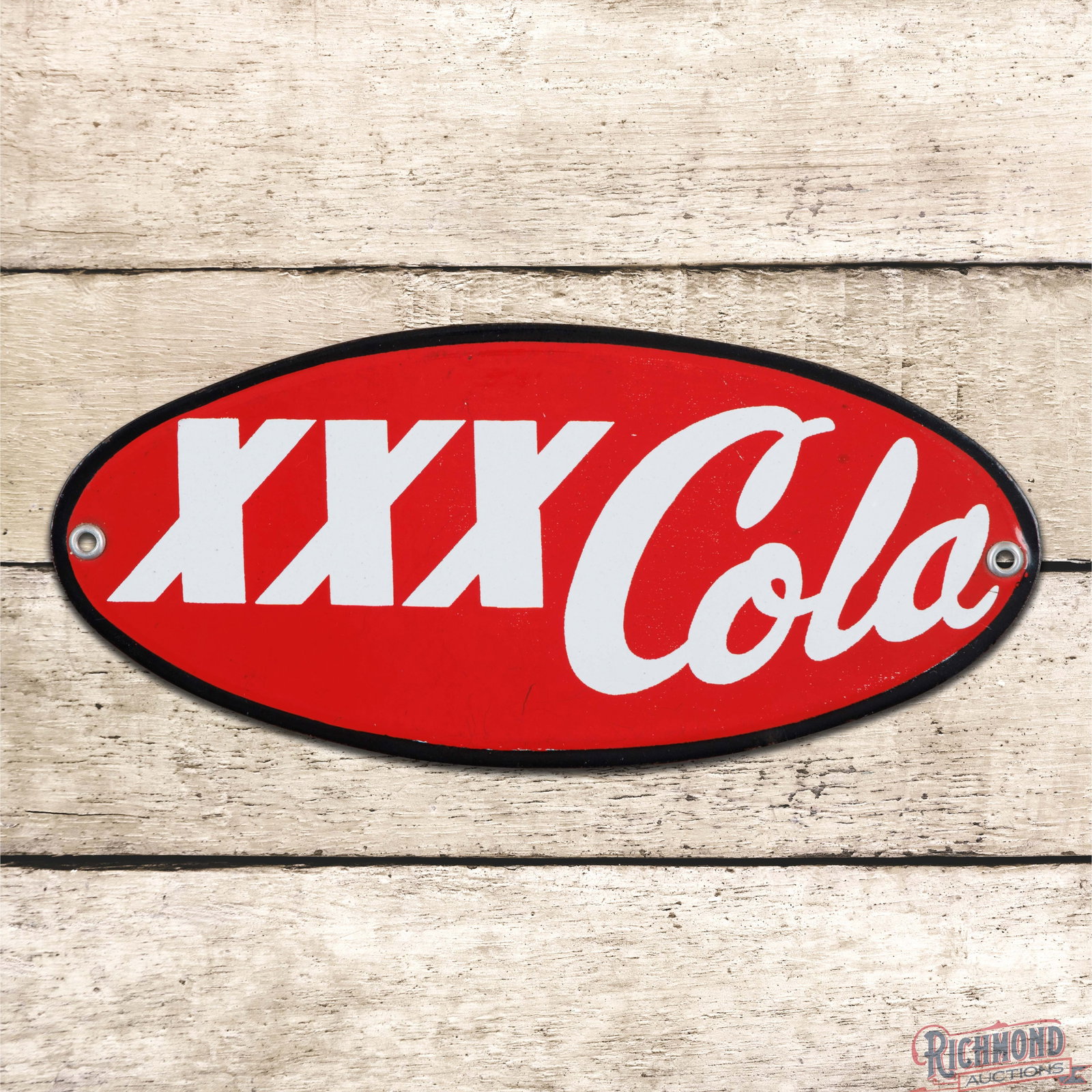 Triple XXX Cola 9" Single Sided Porcelain Sign: SSP (single sided porcelain) sign has excellent color and gloss. The field has minor surface wear with small areas of discoloration in the outer fields and perimeter. Both factory grommets are present