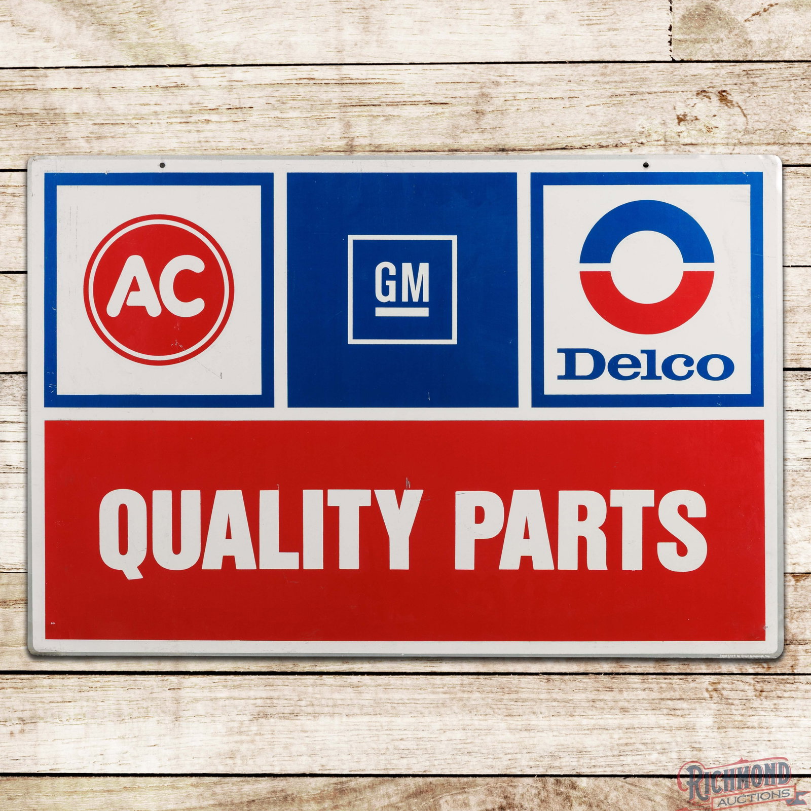 General Motors GM AC Delco Quality Parts 36" Double Sided Tin Sign w/ Logos: Double sided metal sign has very good color and shine. Side #1 has smalls scratches with light wear in the fields and small bends along the outer corners. The reverse is in a similar condition. Marked