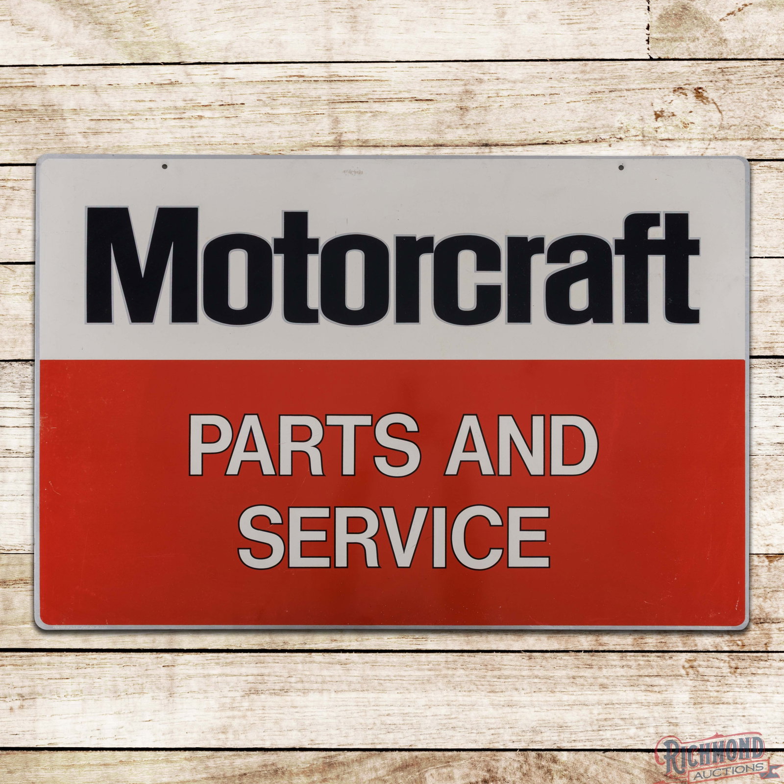 Motorcraft Parts and Service Double Sided Tin Sign: Double sided metal sign has excellent color and shine. Side #1 has light wear and fine scratches in the fields. The perimeter has a scuff on the upper edge with other light wear along the edges. The r