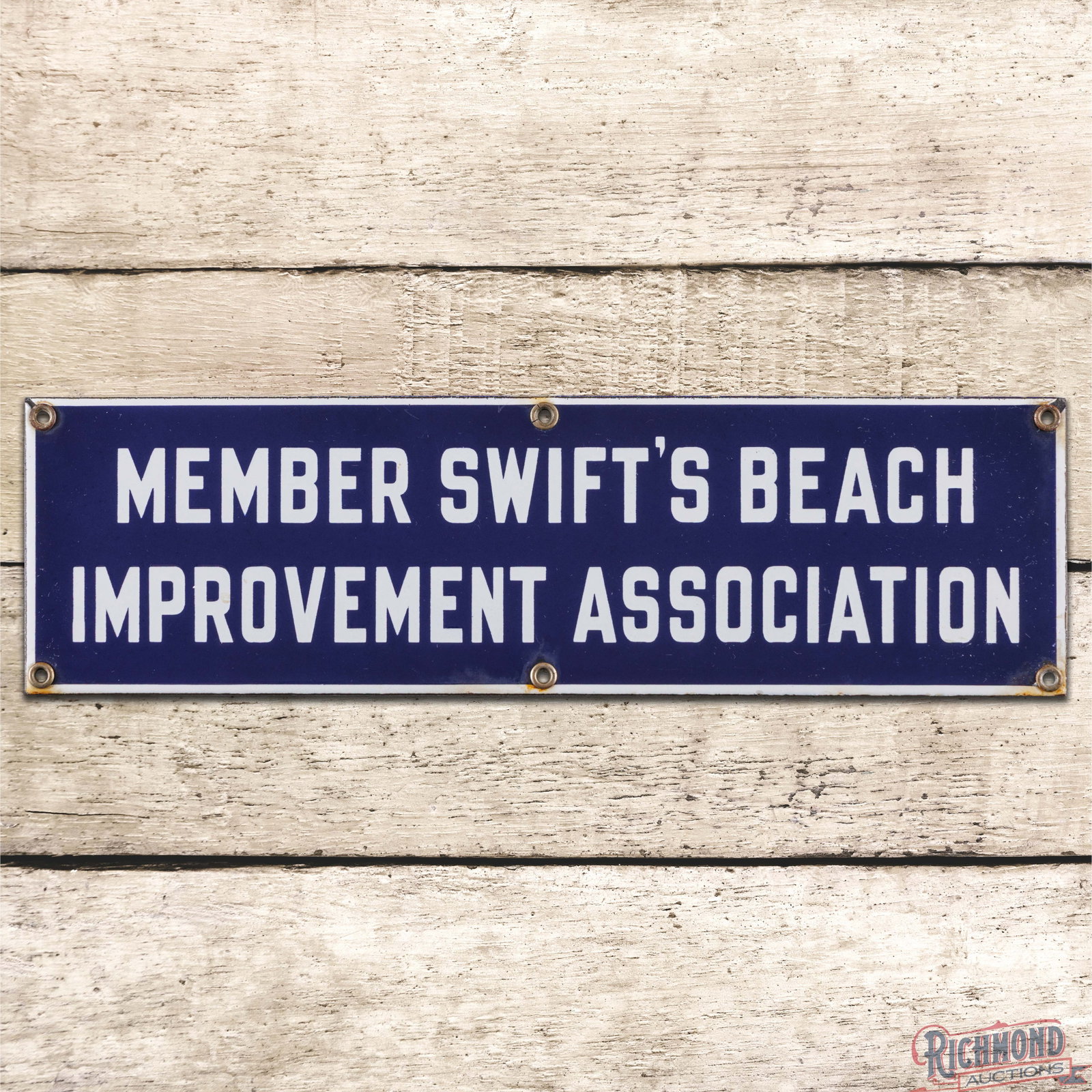 Member Swift's Beach Improvement Association Single Sided Porcelain Sign Wareham Mass: SSP (single sided porcelain) sign has excellent color and gloss. The field is clean with minor surface imperfections. The perimeter has small areas of discoloration and small chips on the upper corner