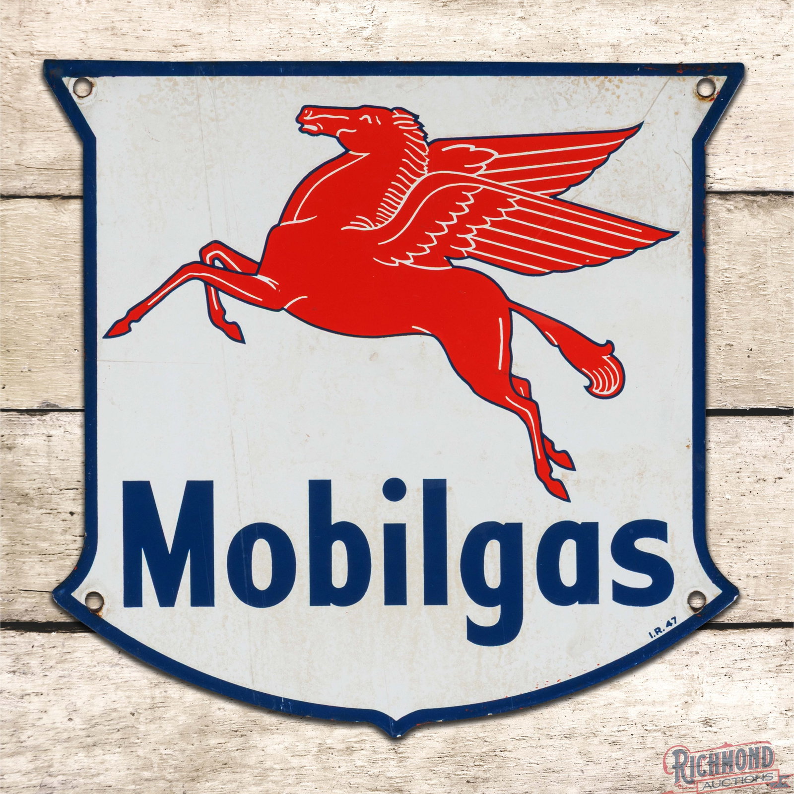 1947 Mobilgas Single Sided Porcelain Pump Plate Sign w/ Pegasus: SSP (single sided porcelain) pump plate has good color and gloss. The display has fine scratches with areas of discoloration throughout. The perimeter has light wear at the mounting holes and areas of