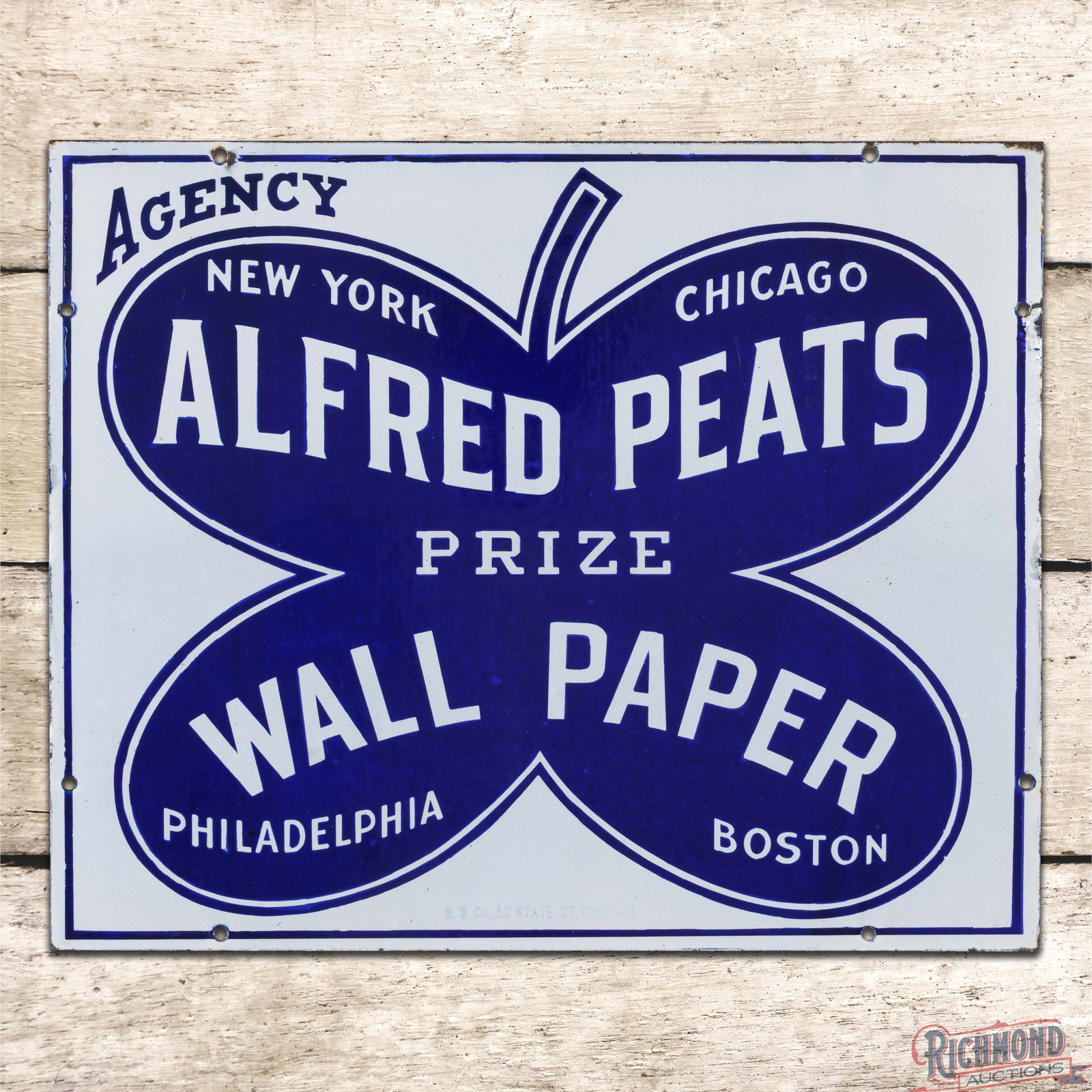 Alfred Peats Prize Wall Paper Agency Single Sided Porcelain Sign w/ Clover Logo: SSP (single sided porcelain) sign has excellent color and gloss. The field is very clean overall with areas of light surface wear. The perimeter has small factory blemishes and tiny chips. Marked BS C