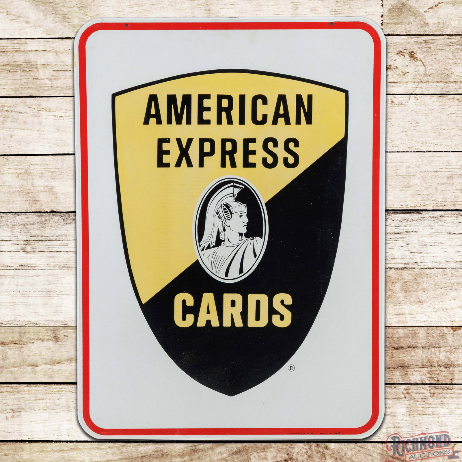 American Express Cards 3' Reflective Double Sided Tin Sign w/ Logo: DST (double sided tin) sign with reflective sheeting has very good color and shine. The display has faint paper marks with minor surface wear. The reverse has heavier paper marks with fine scratches a