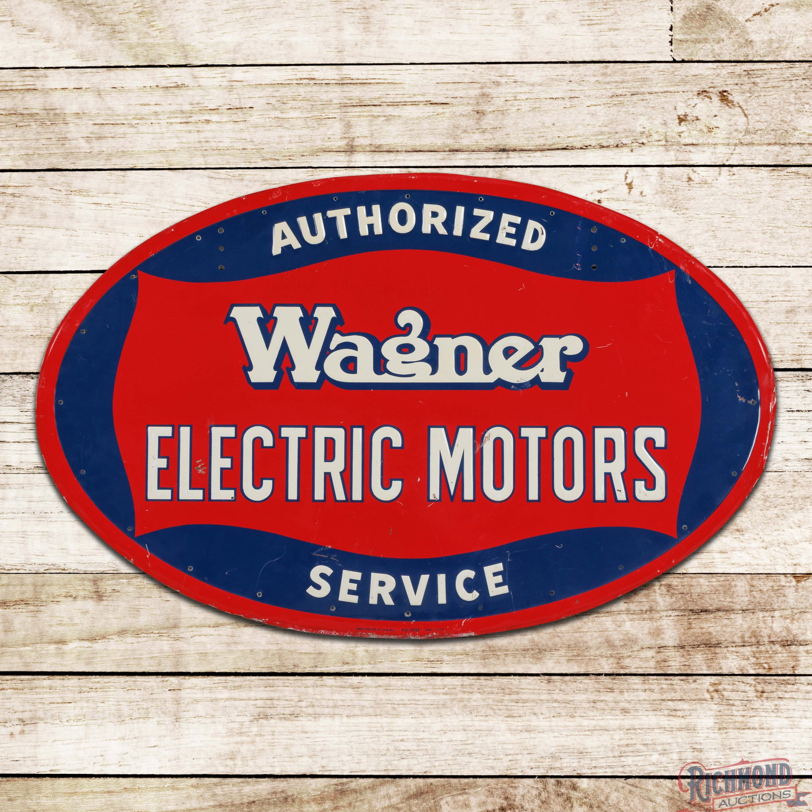 Wagner Electric Motor Authorized Service Emb. Single Sided Tin Sign: SST (single sided tin) embossed self-framed sign has very good color and shine. The field has fine scratches with small indentations and paint chips. The perimeter has added mounting holes with edge b