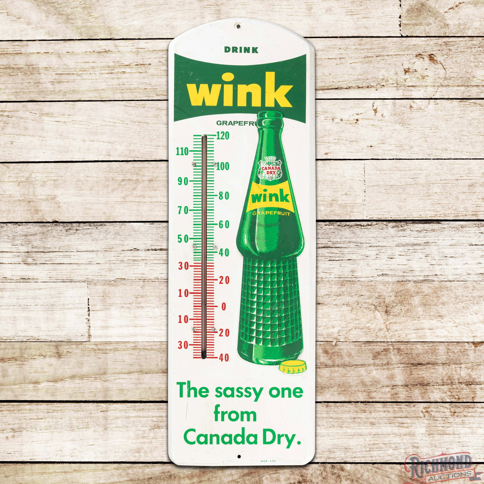 Canada Dry Wink Grapefruit Emb. Single Sided Tin Advertising Thermometer w/ Bottle (1 of 3)