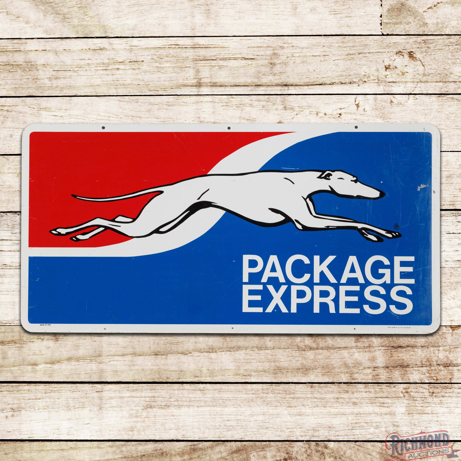 Greyhound Package Express 4' Double Sided Tin Sign: Double sided metal sign has very good color and shine. The display has surface wear with fine scratches and small dings in the fields. The perimeter has paint chips with minor edge bends. The reverse 