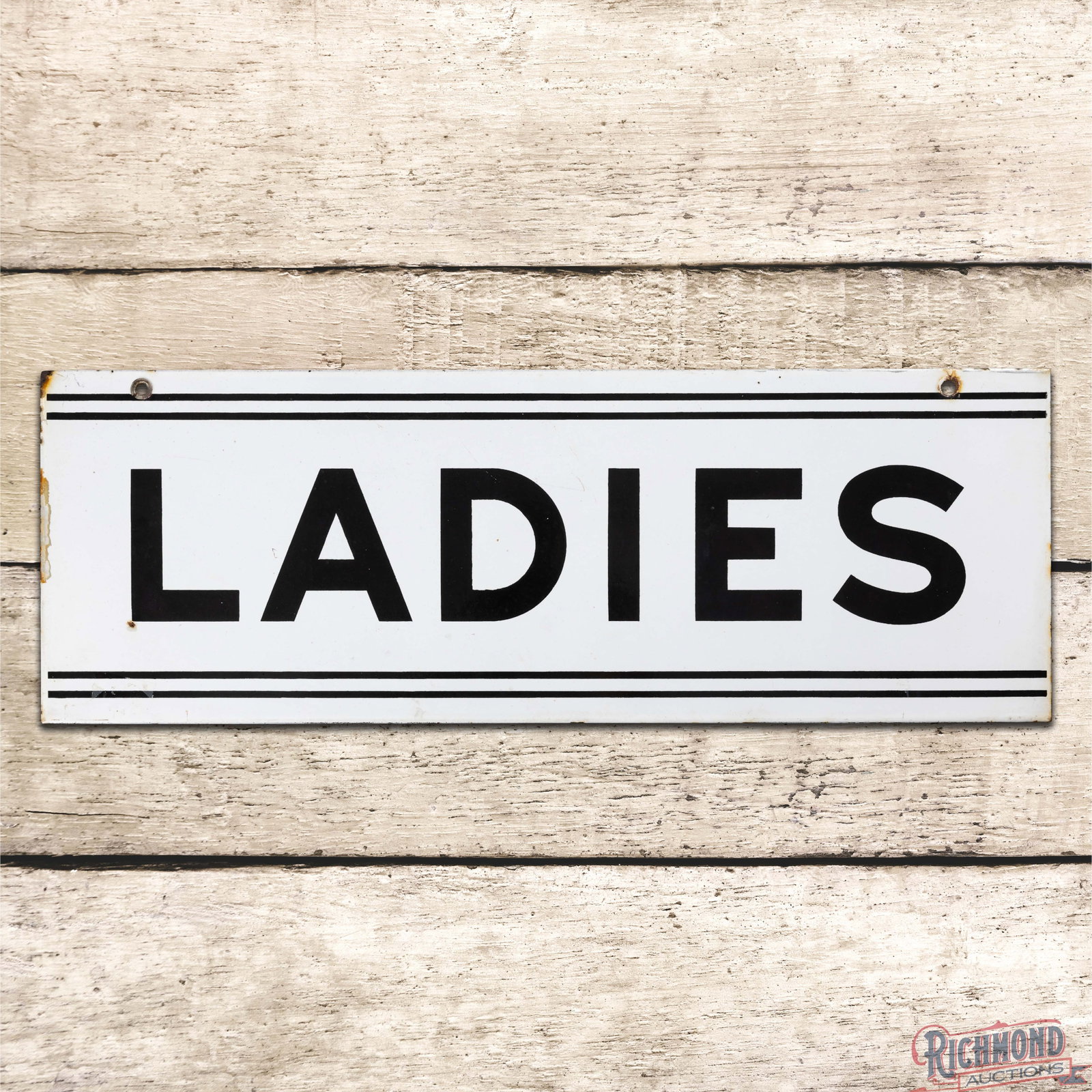 Ladies Service Station Rest Room Double Sided Porcelain Sign: DSP (double sided porcelain) sign has very good color and gloss. Side #1 has minor wear in the fields with a tiny chip by the "L" in the lower left field. The perimeter has small chips with areas of d
