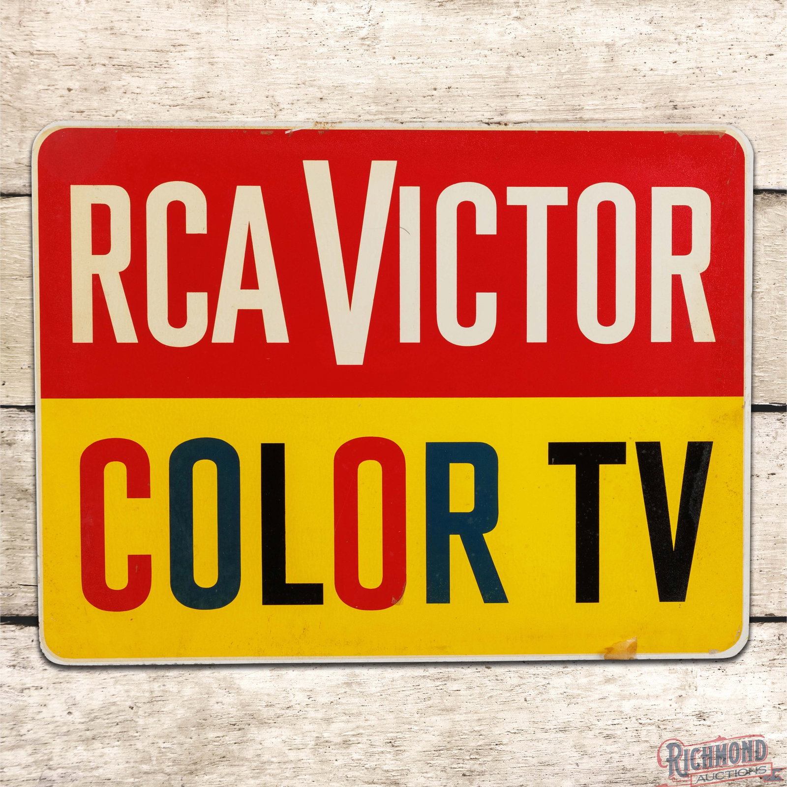 NOS RCA Victor Color TV 24" Double Sided Tin Sign: NOS (new old stock) DST (double sided tin) sign has excellent color and shine. Side #1 has light wear with paper marks throughout. The lower edge has a slight bend from the edge of the first "O" in Co