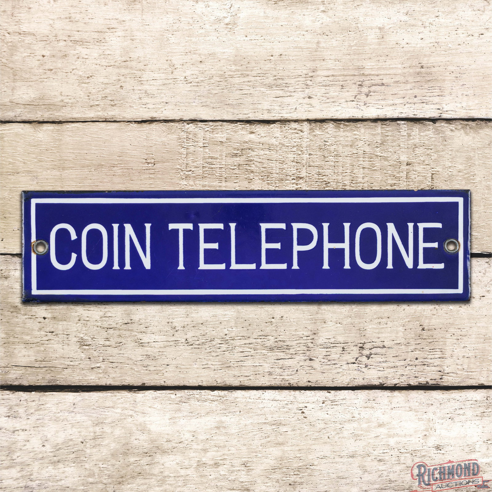Early Coin Telephone Single Sided Porcelain Sign: SSP (single sided porcelain) sign has excellent color and gloss. The fields are clean. The perimeter has minor edge wear with a tiny flea bite on the upper right edge. Both factory grommets are presen