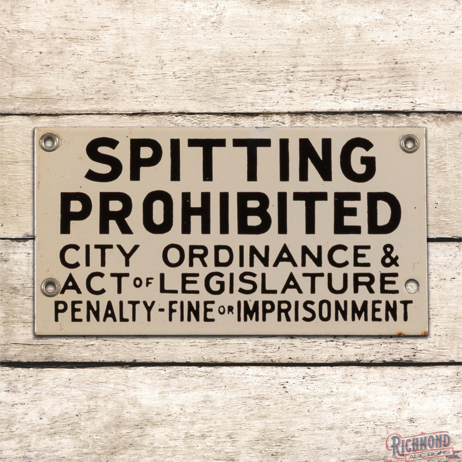 Spitting Prohibited City Ordinance Penalty Fine Imprisonment Single Sided Porcelain Sign: SSP (single sided porcelain) sign has excellent color and gloss. The sign is clean with a few tiny surface imperfections and tiny flea bites along the outer edges. Three factory grommets are present. 