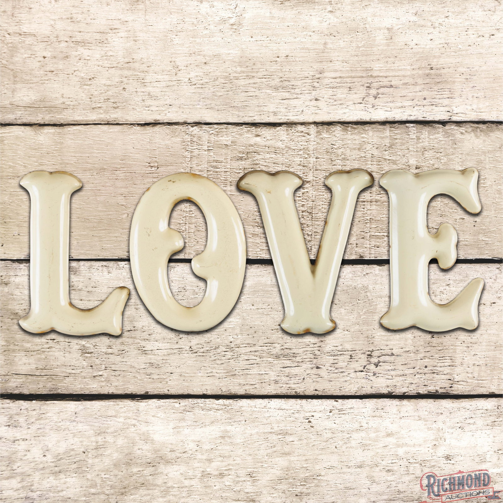 LOVE Single Sided Porcelain Convex Die Cut Letter Sign: SSP (single sided porcelain) convex die cut letter sign has very good color and gloss. The letters measure 9.5 inches tall and 6.5 to 7.5 inches wide. They exhibit light surface wear with scuffs and d